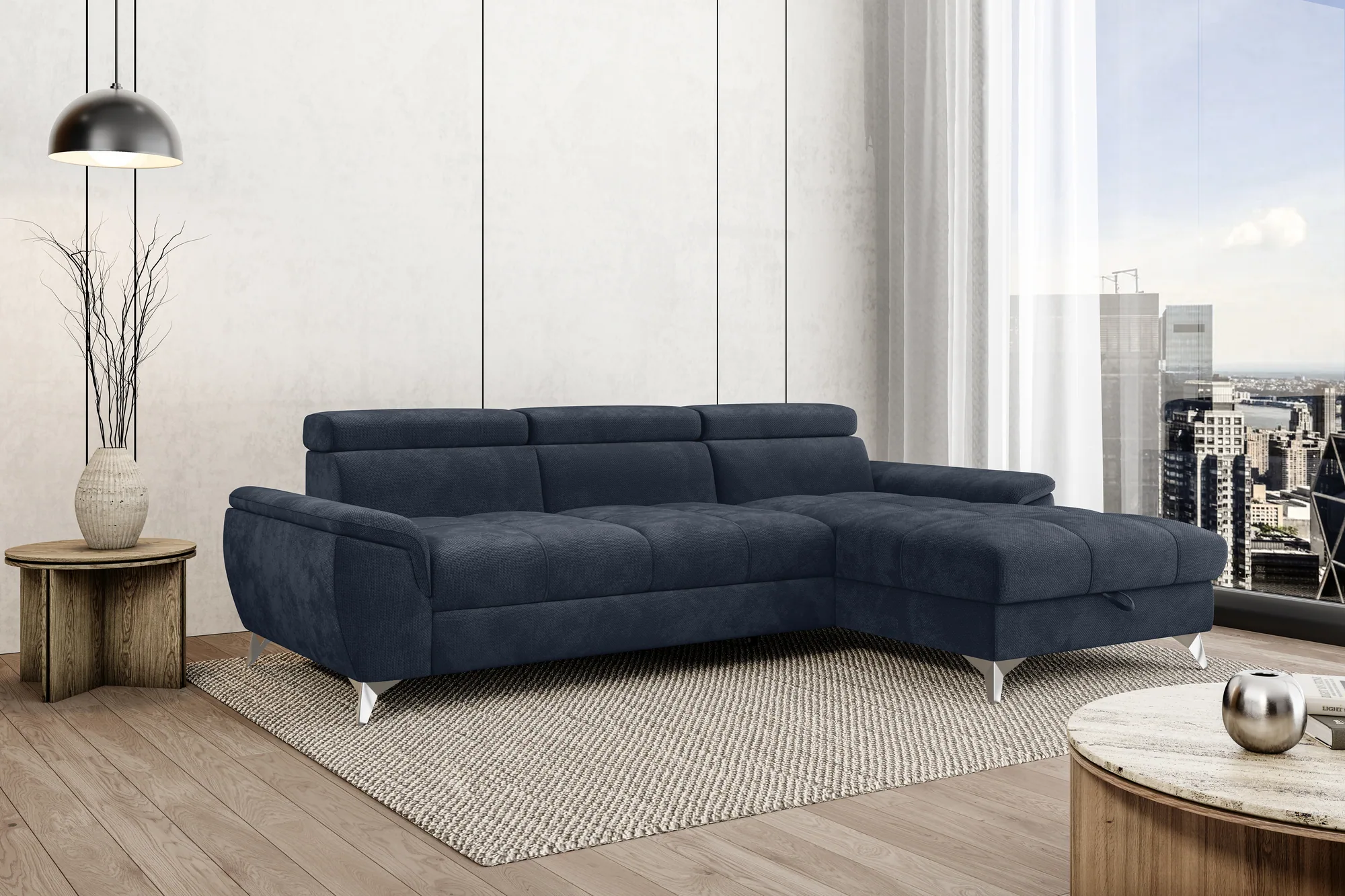 Eckschlafsofa mit Bettkasten LUGANO – Schrägansicht, im Raum