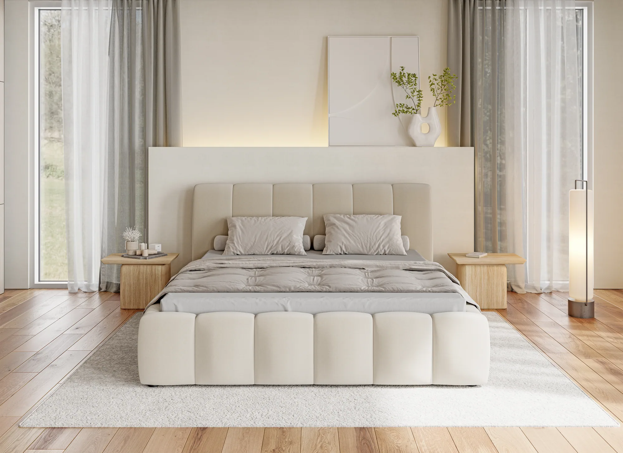 Polster-Doppelbett mit Bettkasten LUNDA – im Raum