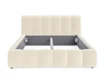 Polster-Doppelbett mit Bettkasten LUNDA – Funktion geöffnet, auf weißem Hintergrund
