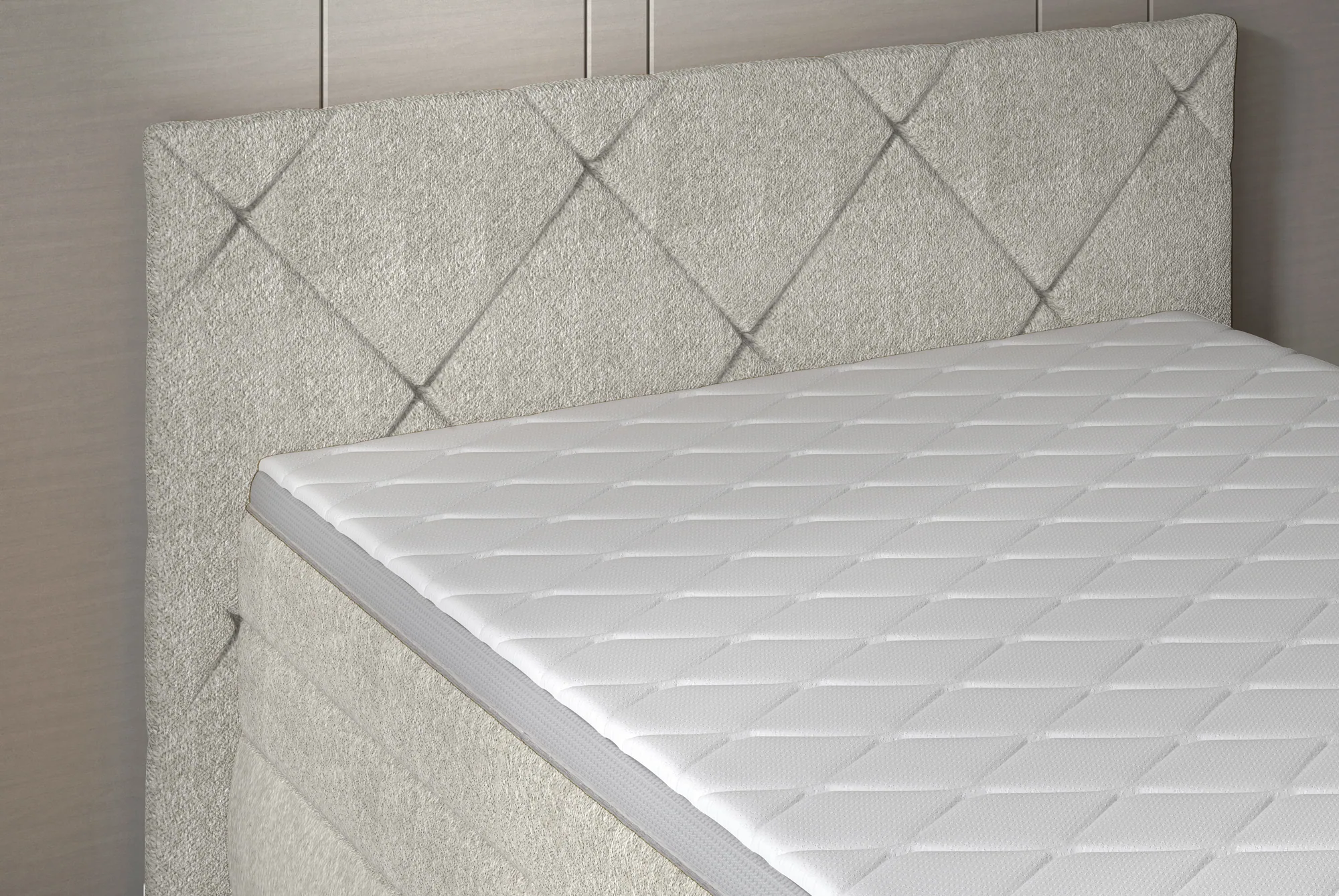 Boxspring-Doppelbett mit Bettkasten LUNGO – Detail, im Raum