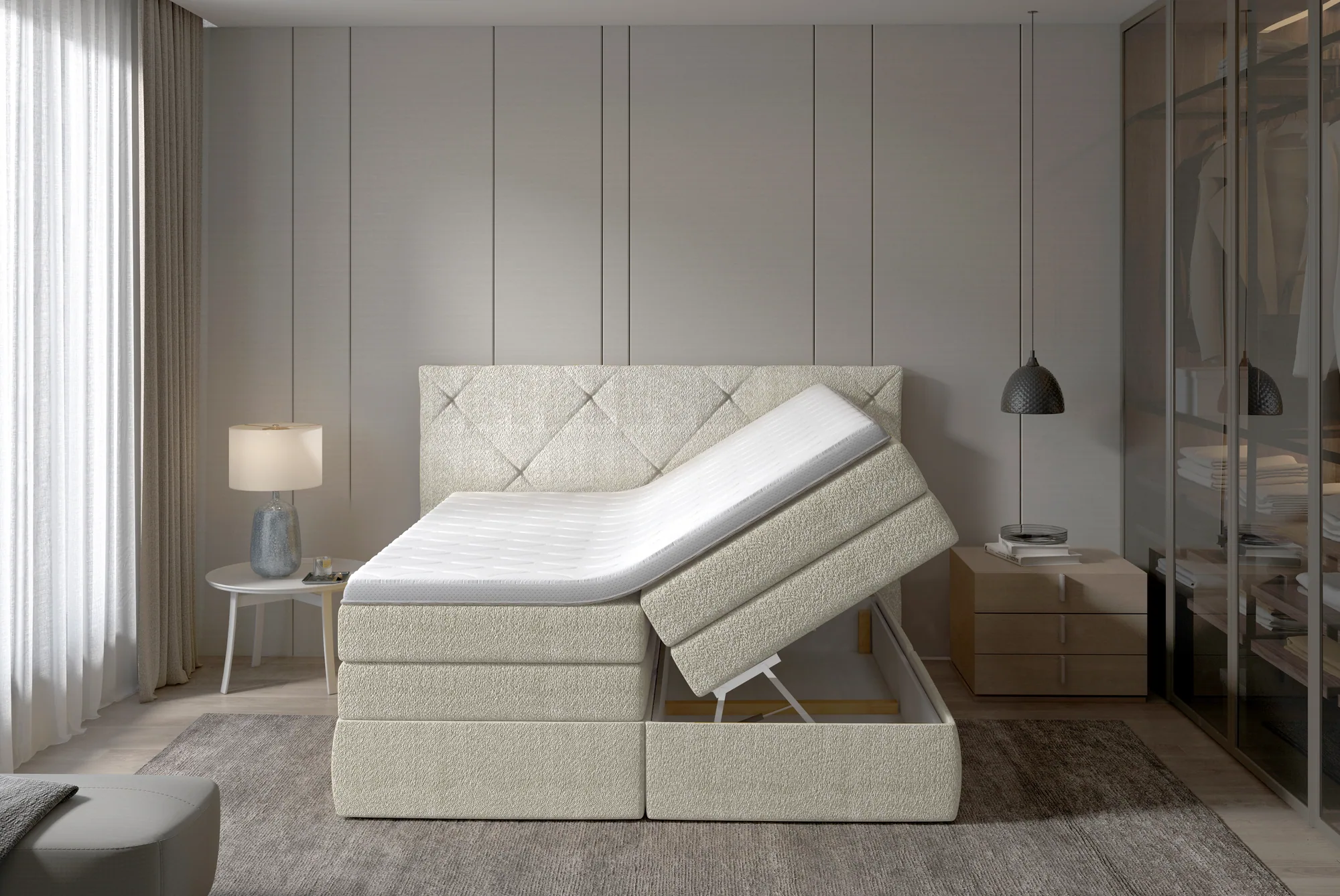 Boxspring-Doppelbett mit Bettkasten LUNGO – Bettkasten geöffnet, im Raum