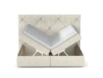 Boxspring-Doppelbett mit Bettkasten LUNGO – Bettkasten geöffnet, auf weißem Hintergrund