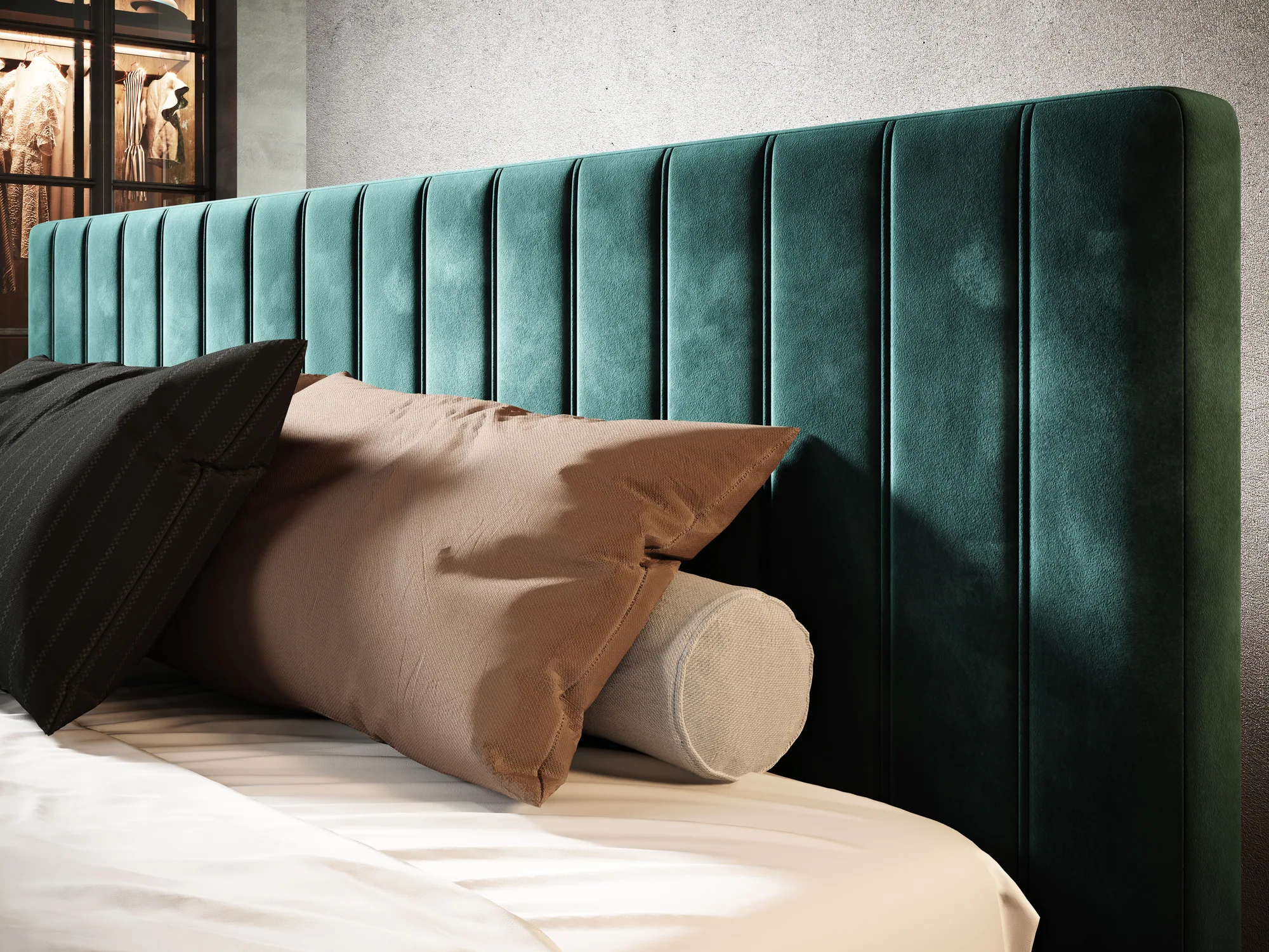 Polster-Doppelbett mit Bettkasten MAGGIE – Detail, im Raum