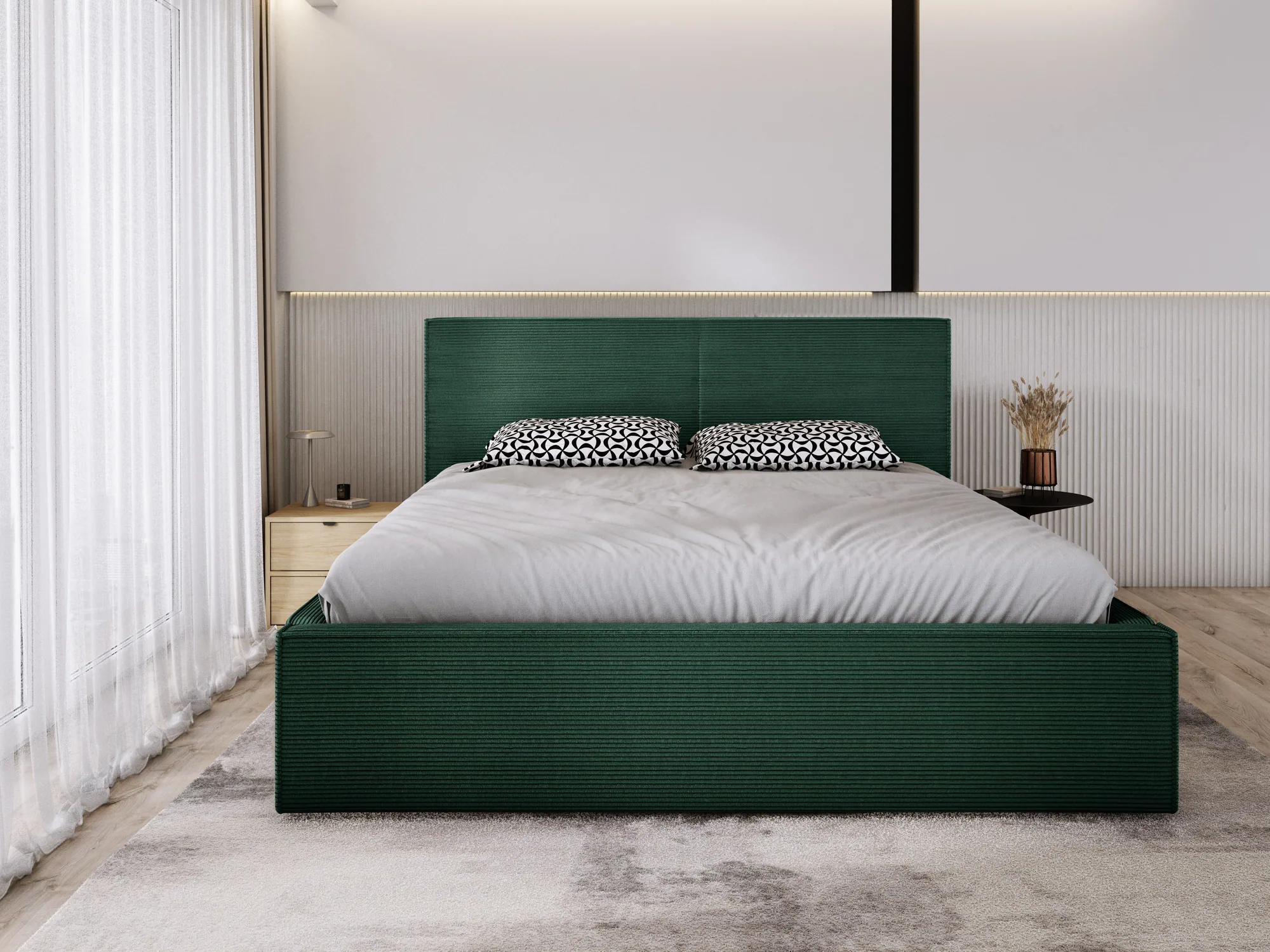 Letto matrimoniale imbottito con contenitore MARIETTA – vista frontale, ambientazione