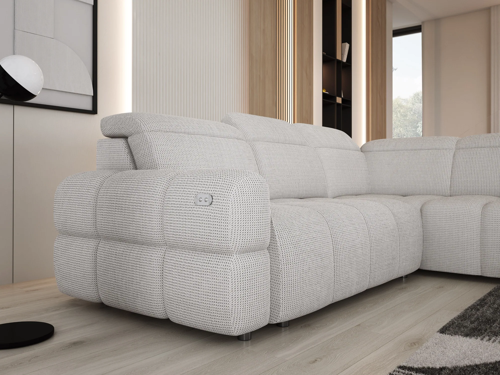 Eckschlafsofa mit elektrischem Sitz und Bettkasten MATEO L – Detail, im Raum