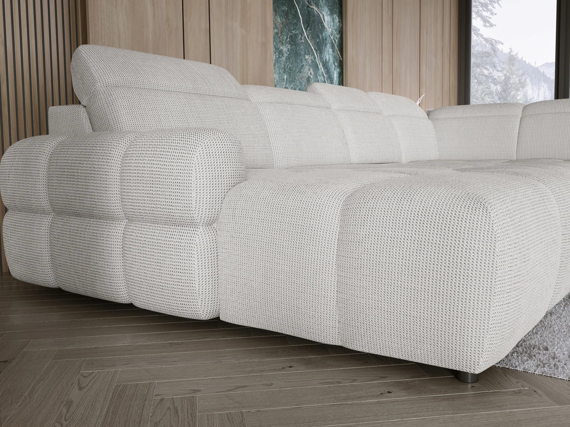 Eckschlafsofa mit elektrischem Sitz und Bettkasten – Detail, im Raum