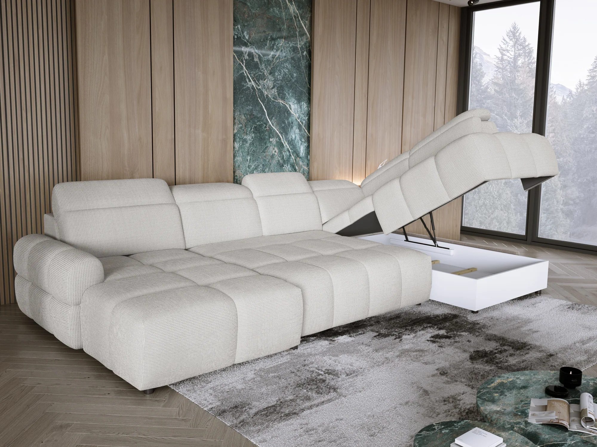 Eckschlafsofa mit elektrischem Sitz und Bettkasten – Funktion geöffnet, im Raum