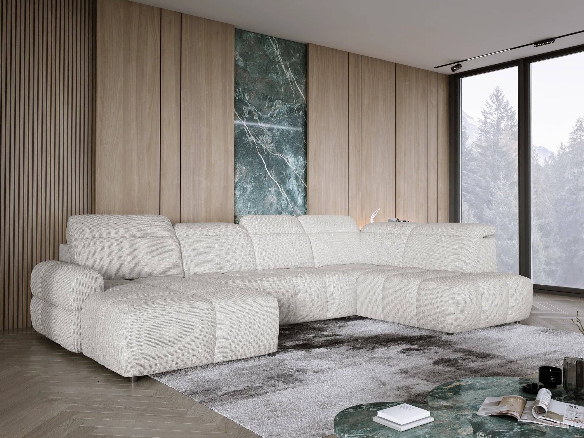 Eckschlafsofa mit elektrischem Sitz und Bettkasten – Schrägansicht, im Raum