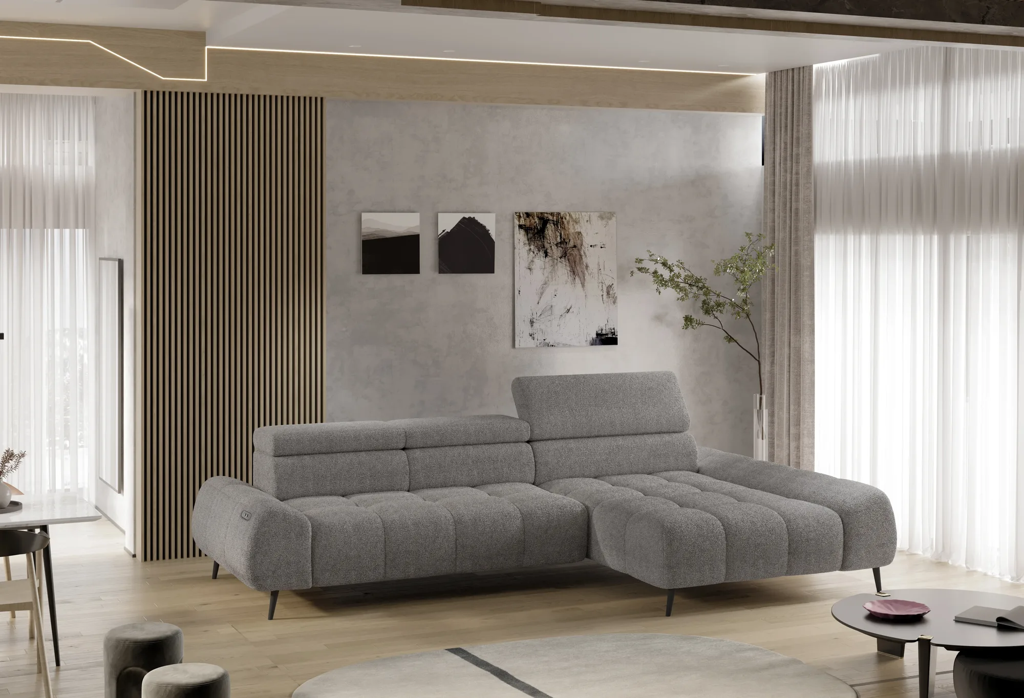 Relax-Ecksofa mit elektrischem Sitz Mavel S – im Raum