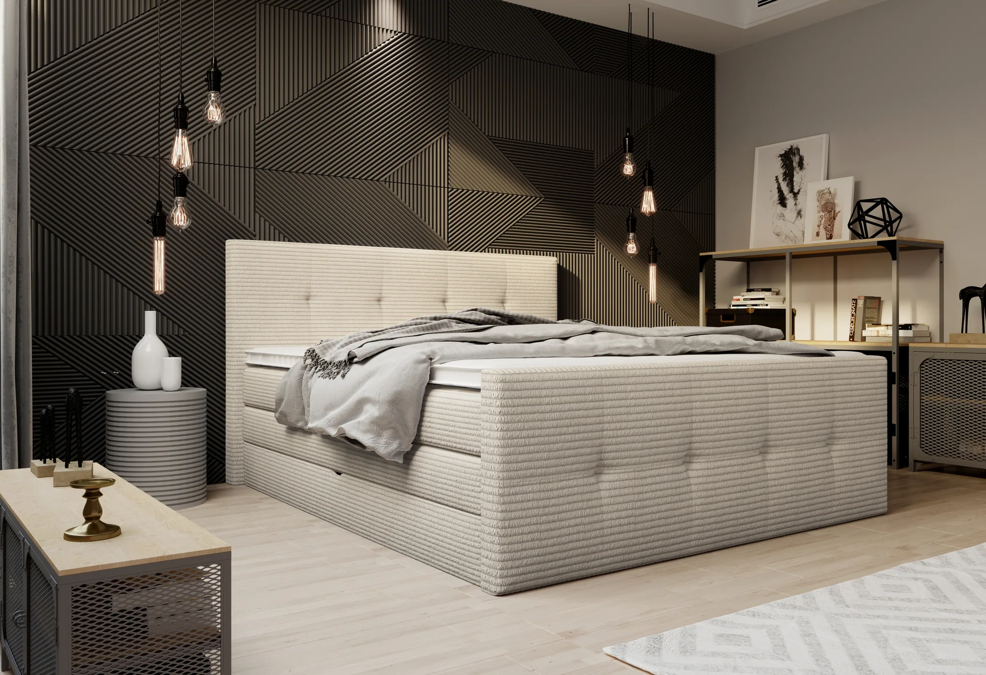 Boxspring-Doppelbett mit Bettkasten MEDINO – im Raum