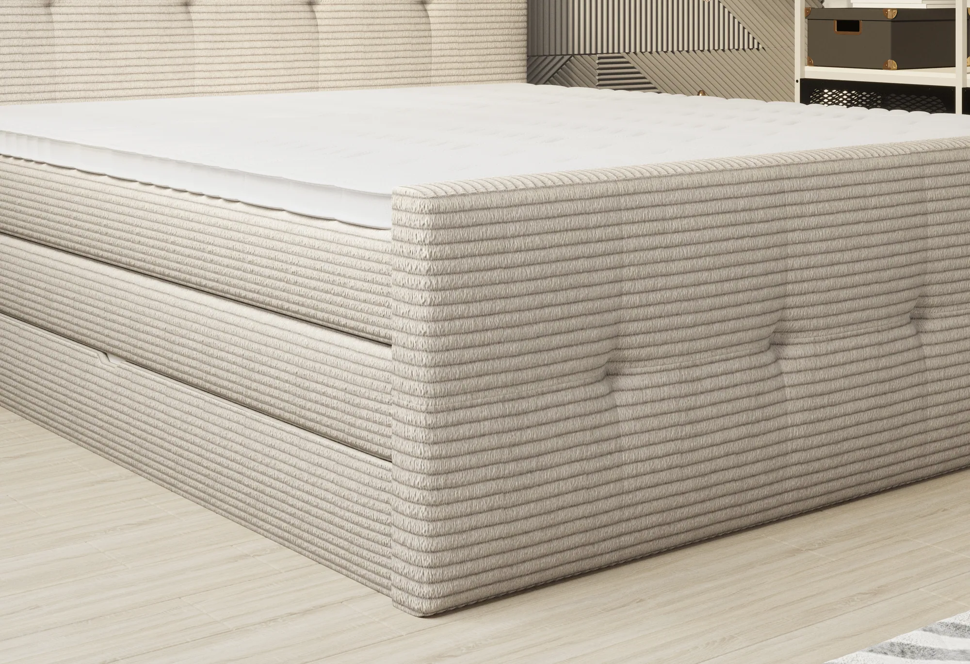 Boxspring-Doppelbett mit Bettkasten MEDINO – Detail, im Raum