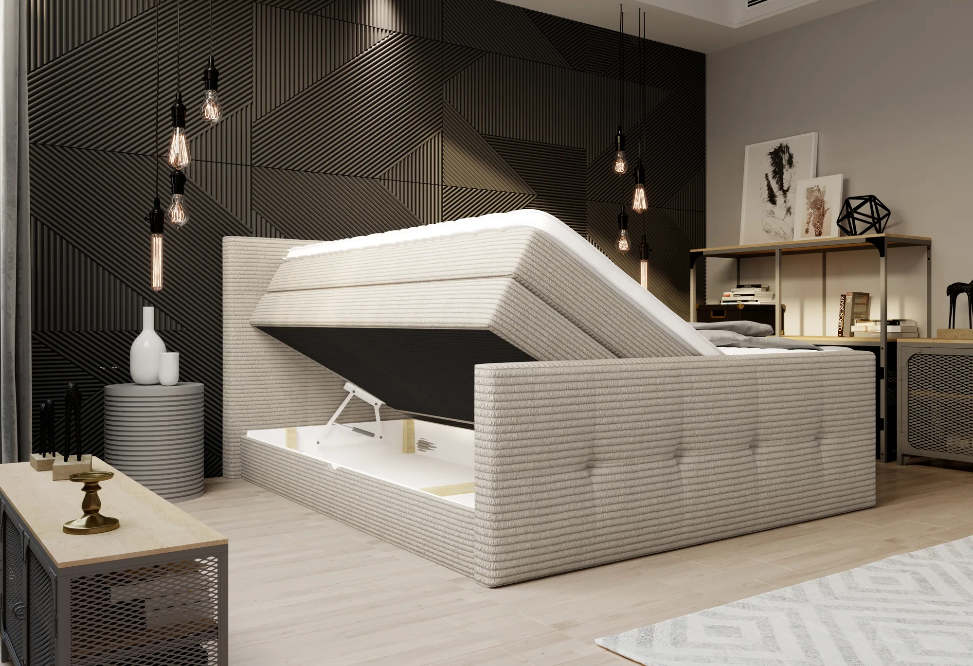 Boxspring-Doppelbett mit Bettkasten MEDINO – Bettkasten geöffnet, im Raum