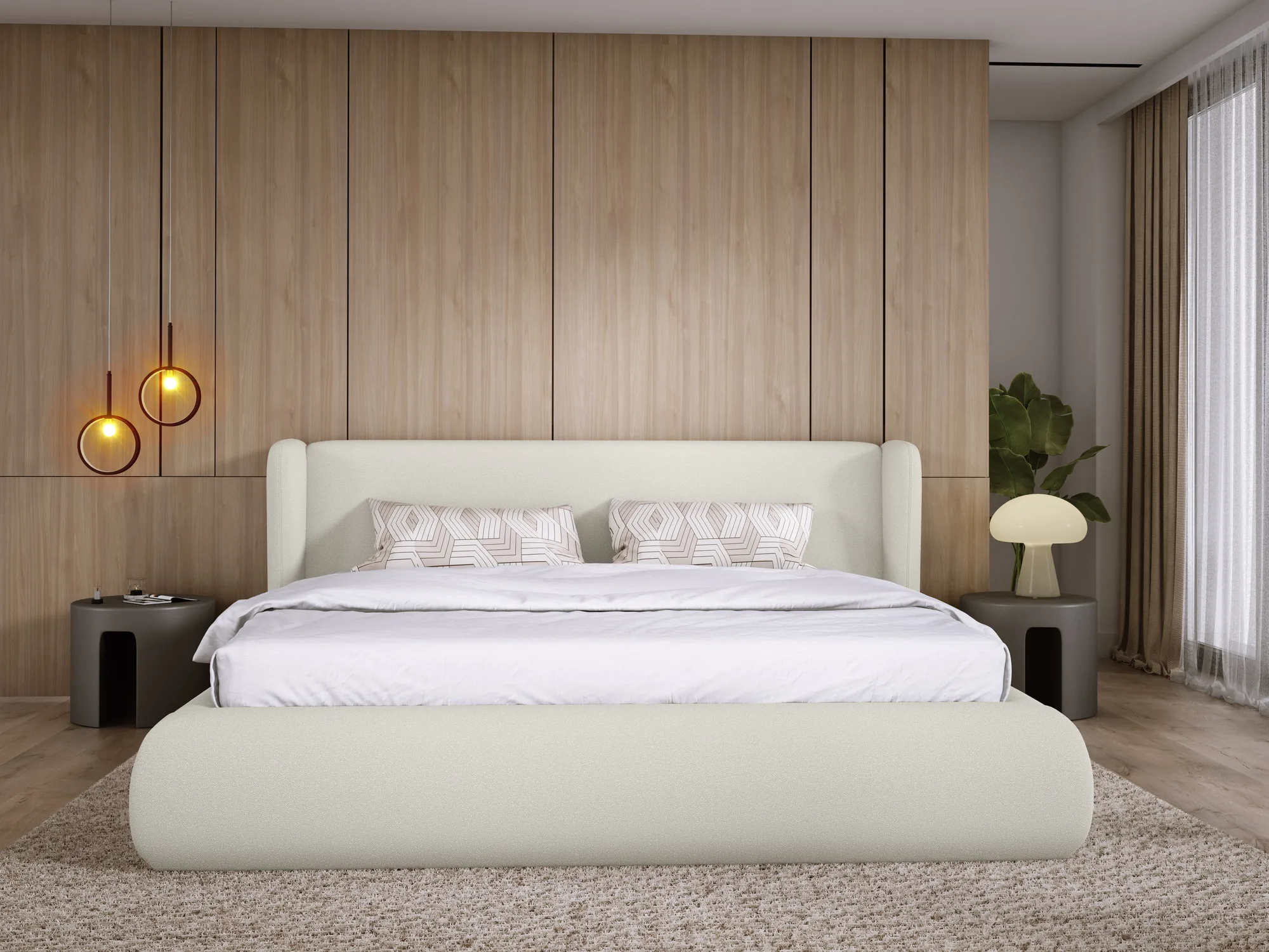 Polster-Doppelbett mit Bettkasten MESSINA – im Raum