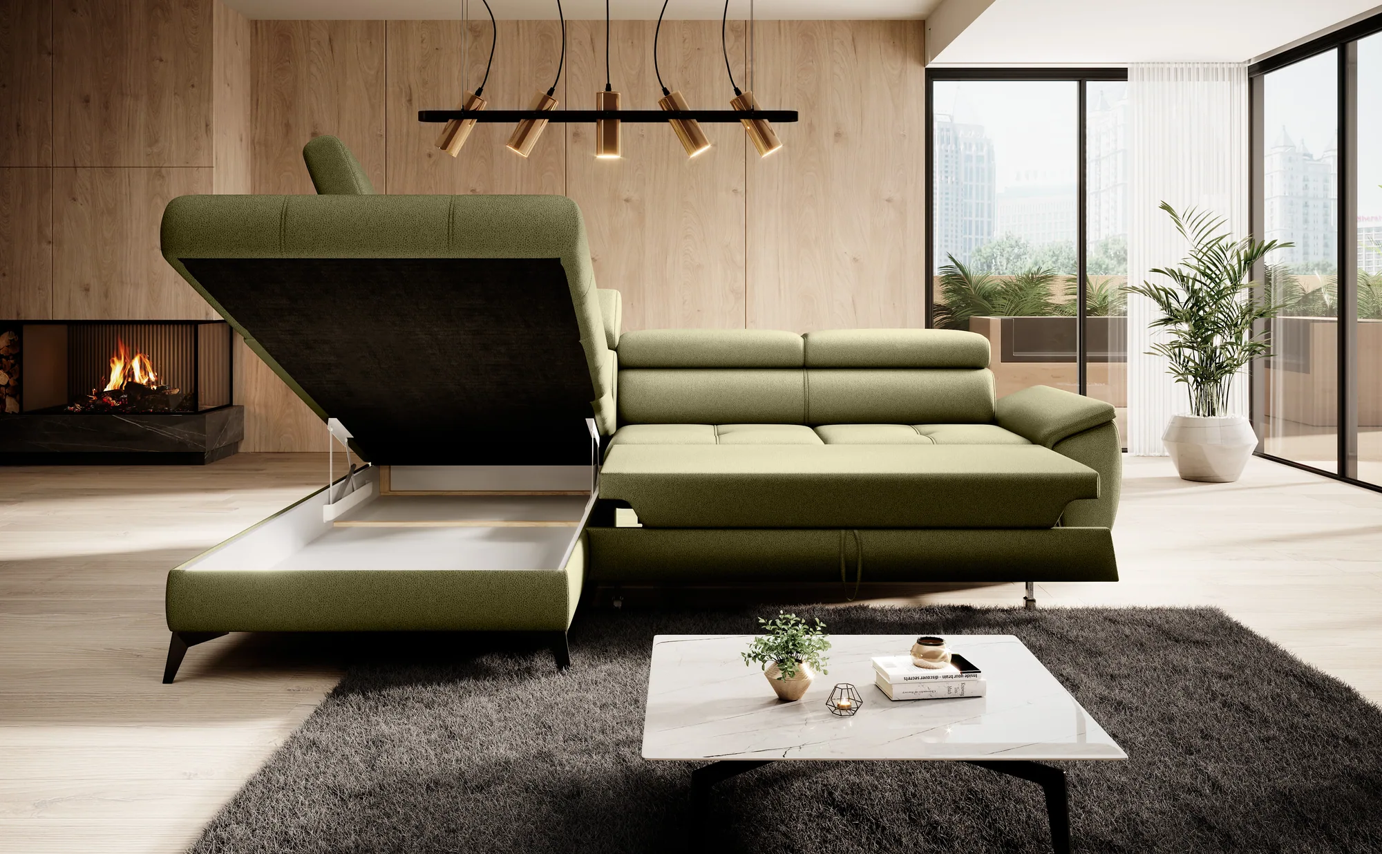 Divano letto angolare con contenitore MOCCA – funzione aperta, ambientazione
