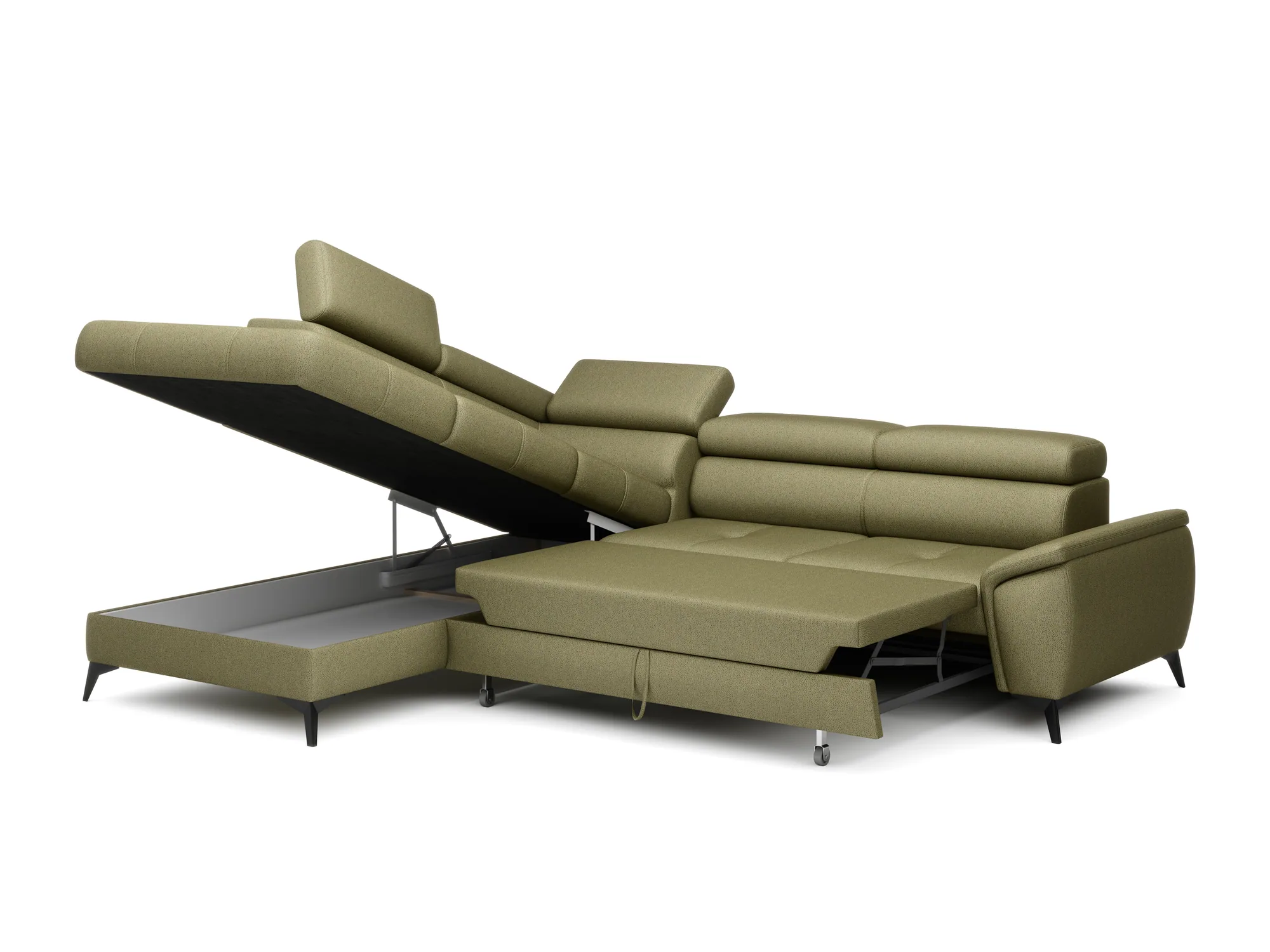 Divano letto angolare con contenitore MOCCA – vista laterale, su sfondo bianco