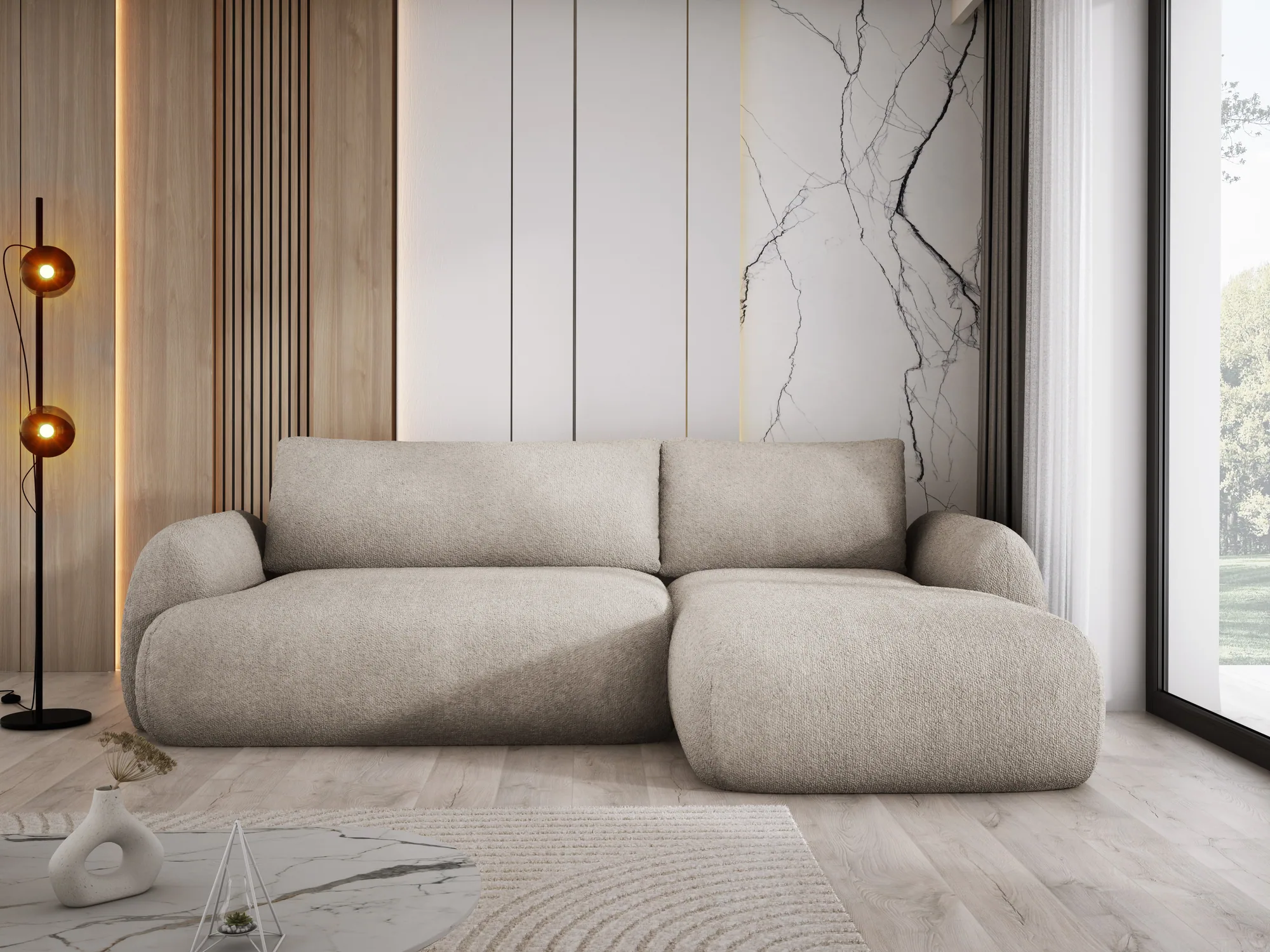 Divano letto angolare con contenitore MONDI S – vista frontale, ambientazione