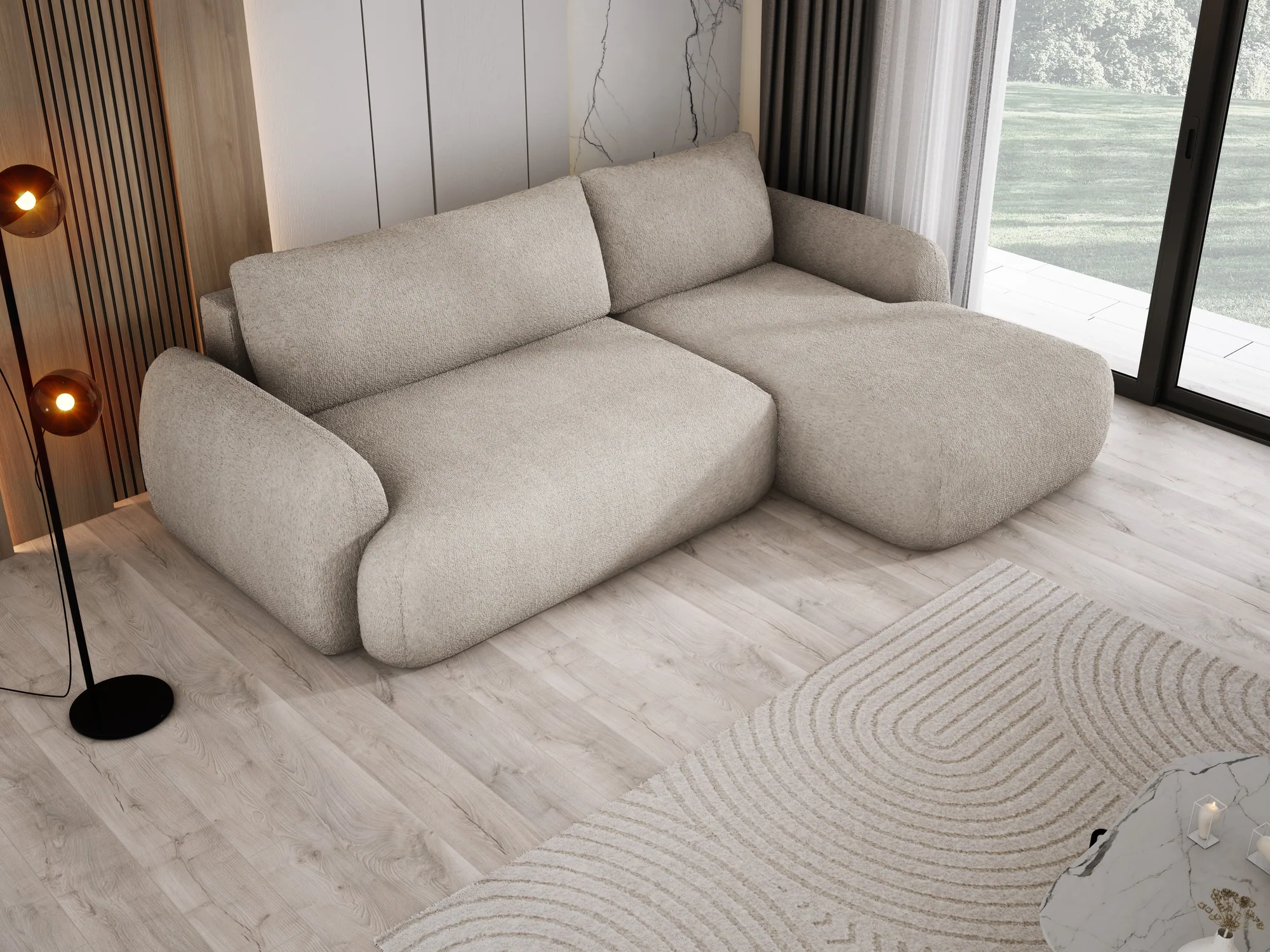 Divano letto angolare con contenitore MONDI S – vista dall'alto, ambientazione