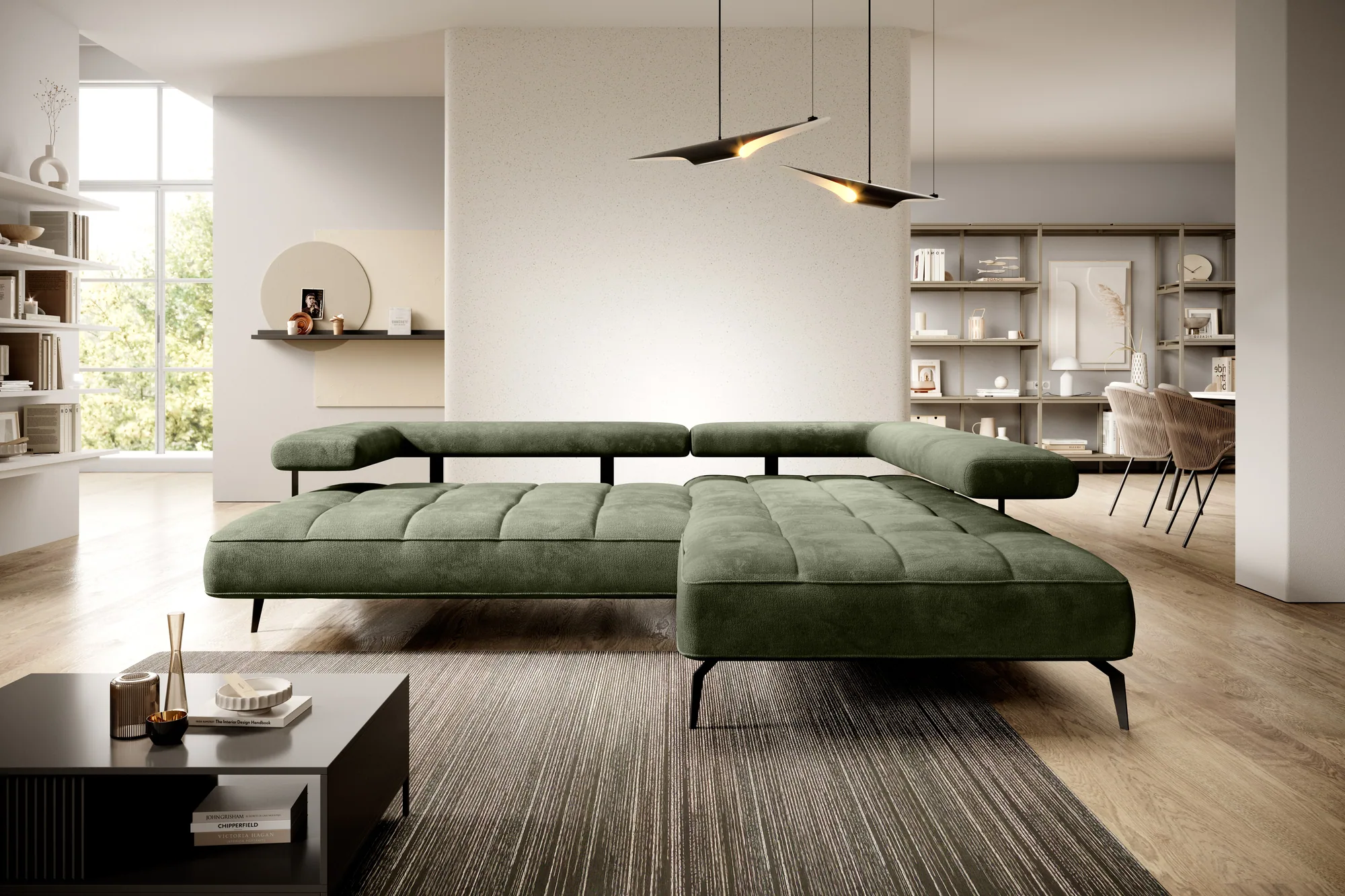 Eckschlafsofa mit elektrischem Sitz MONTELLA L – Funktion geöffnet, im Raum
