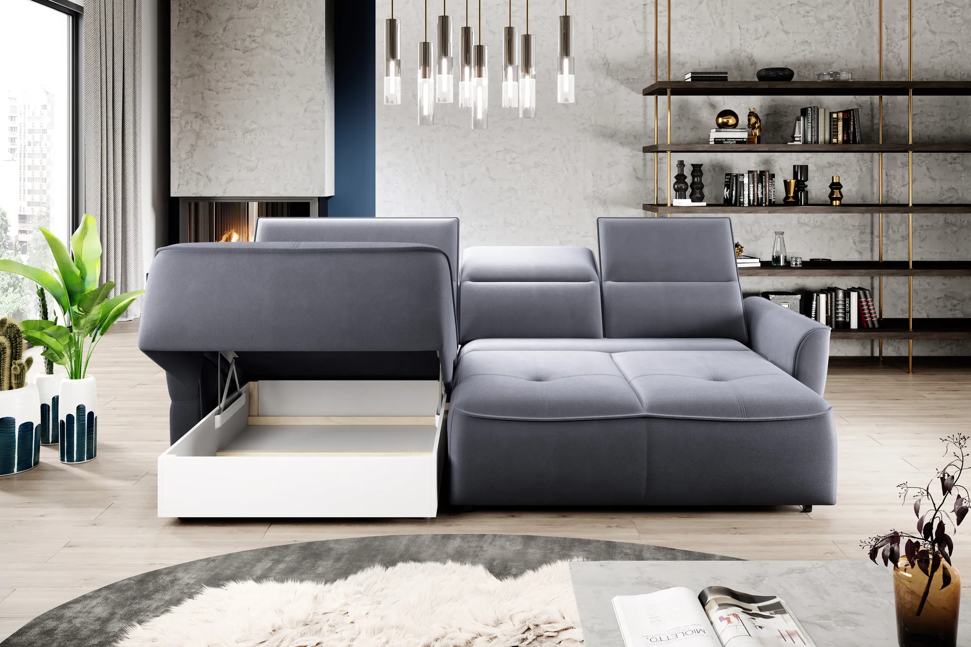 Eckschlafsofa mit elektrischem Sitz und Bettkasten MURILLO MINI – Funktion geöffnet, im Raum