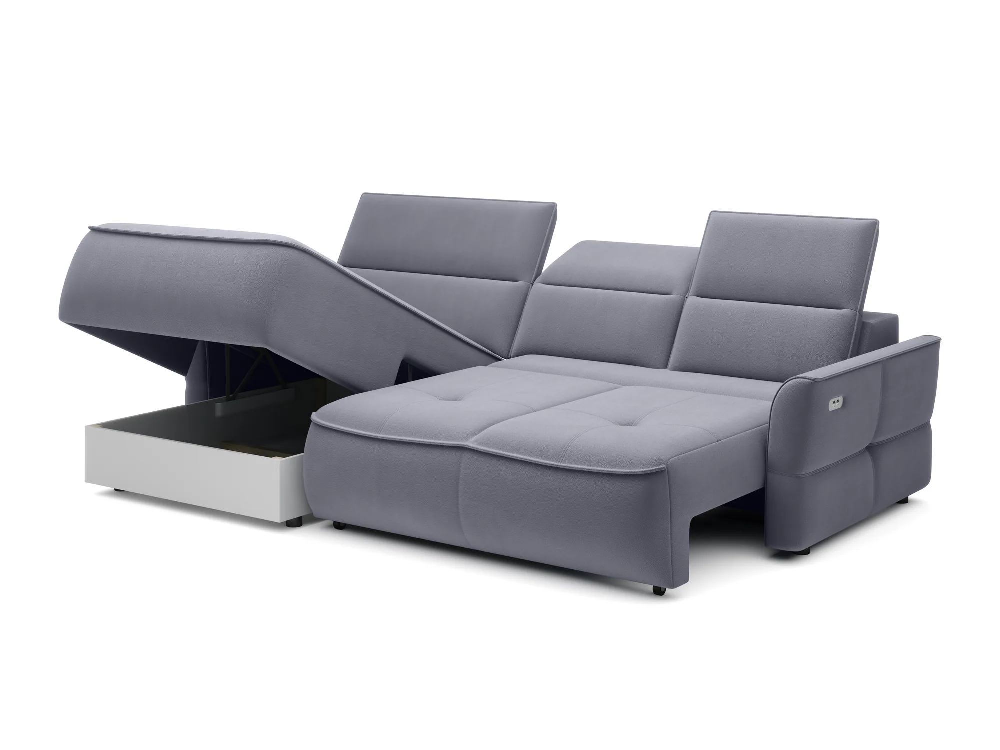 Eckschlafsofa mit elektrischem Sitz und Bettkasten MURILLO MINI – Seitenansicht, auf weißem Hintergrund