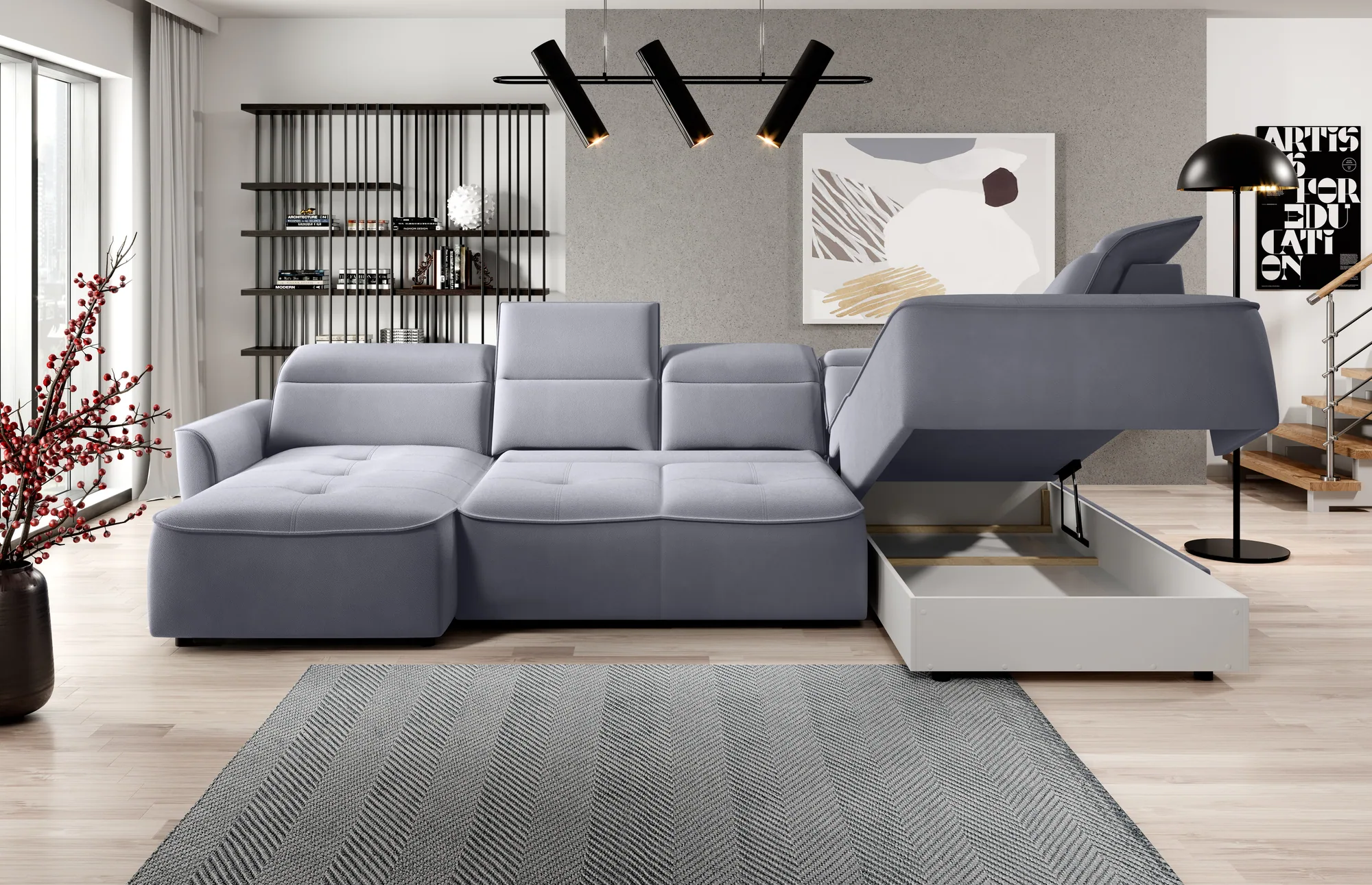 U-förmiges Eckschlafsofa mit elektrischem Sitz und Bettkasten MURILLO XL – Funktion geöffnet, im Raum