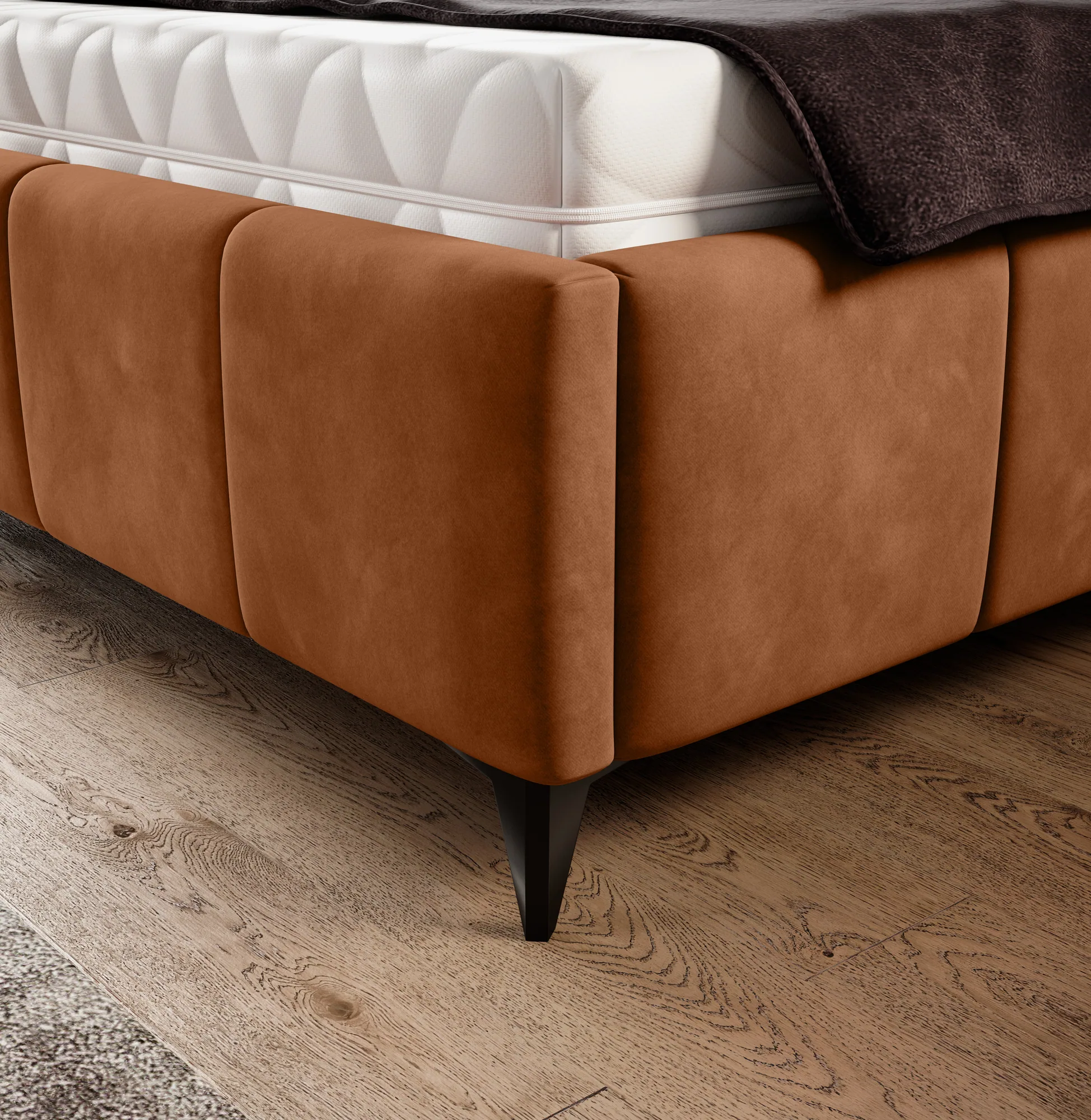 Polster-Doppelbett mit Bettkasten NAOMI – Detail, im Raum