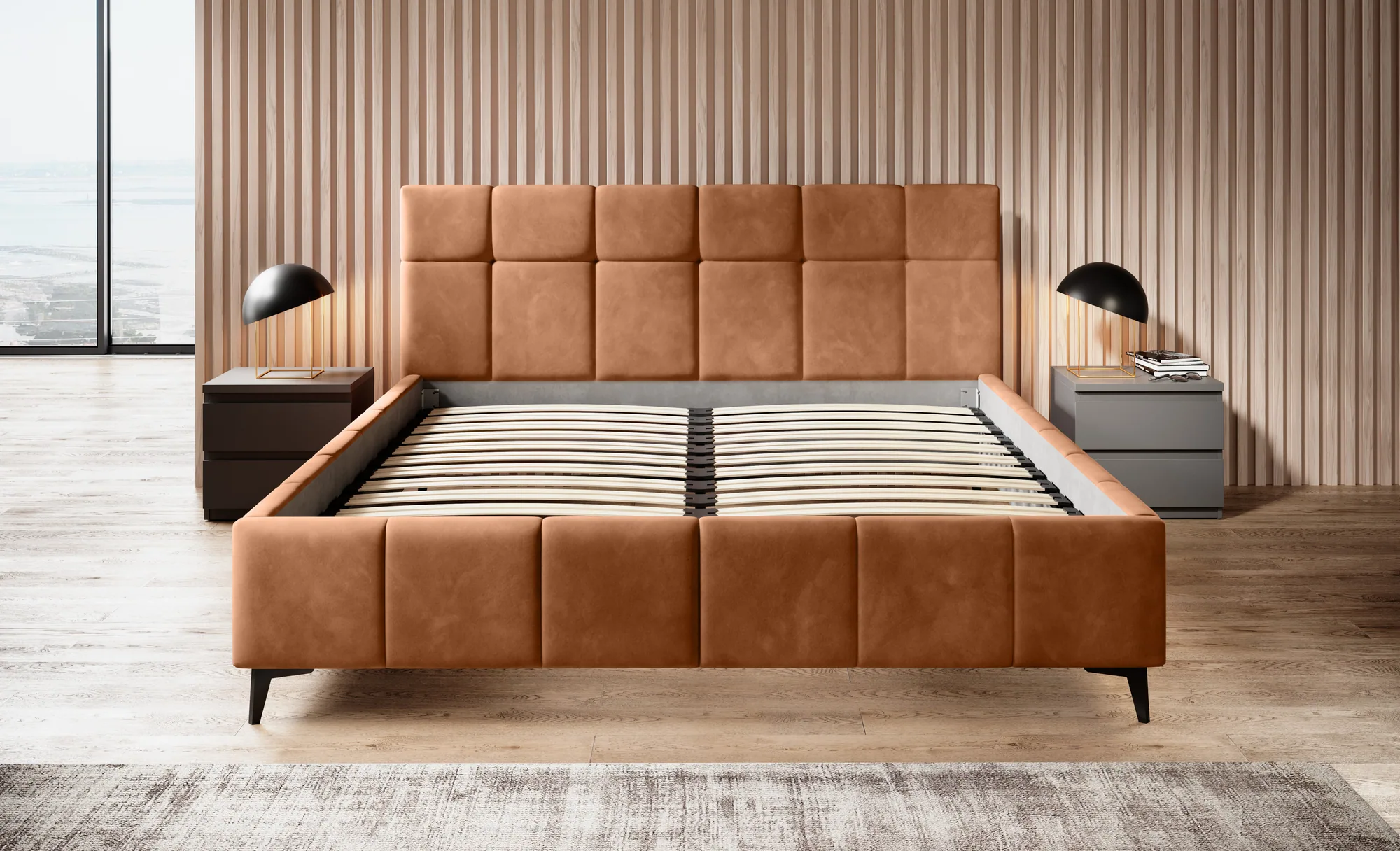 Polster-Doppelbett mit Bettkasten NAOMI – Frontansicht, im Raum