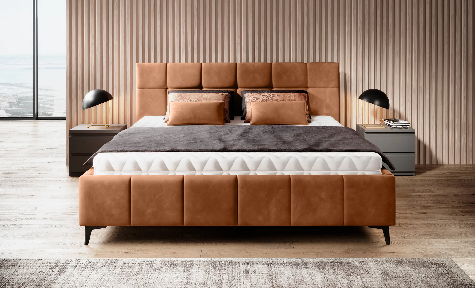 Polster-Doppelbett mit Bettkasten NAOMI – Frontansicht, im Raum