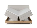 Boxspring-Doppelbett mit Bettkasten NEBIA – Funktion geöffnet, auf weißem Hintergrund