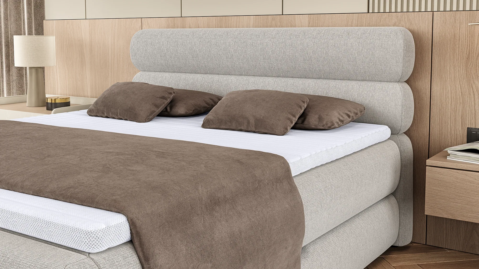 Boxspring-Doppelbett mit Bettkasten Nolio – Detail, im Raum