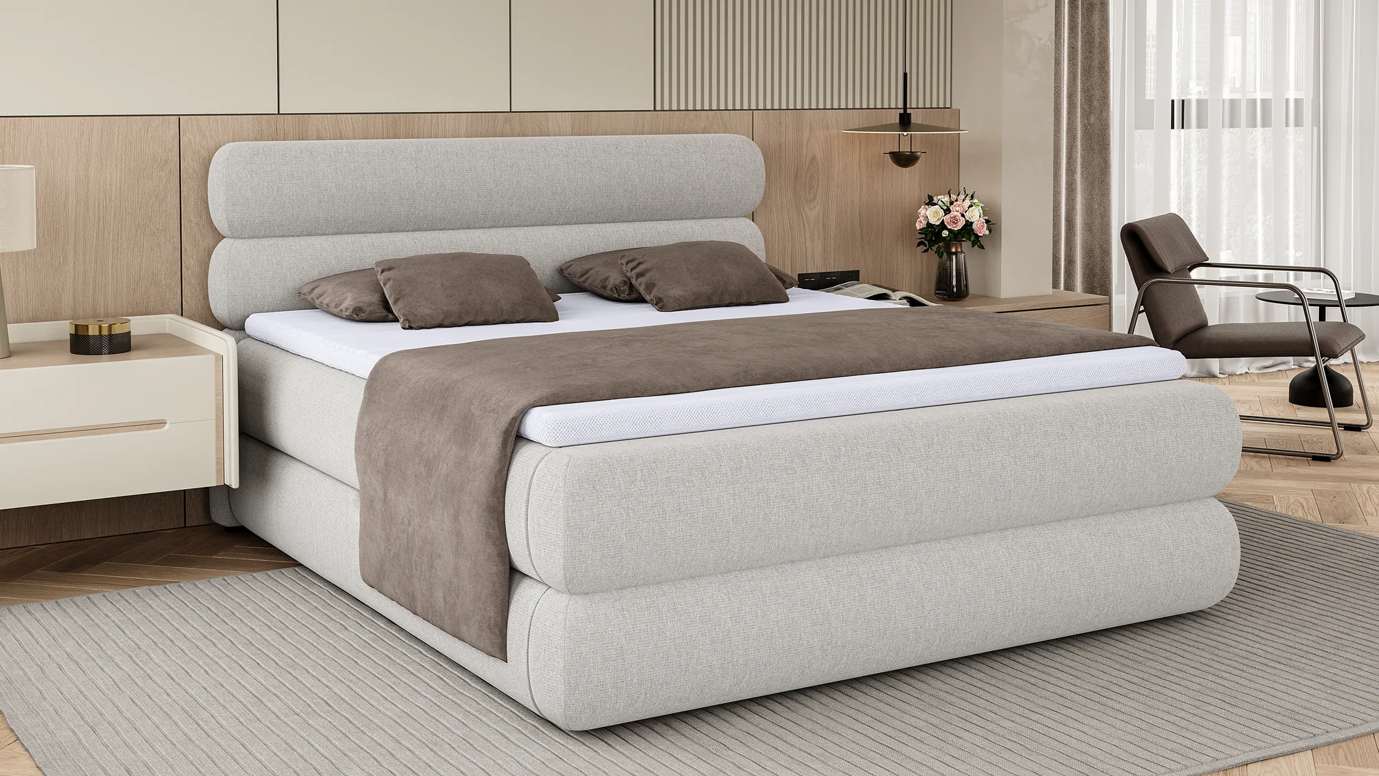Boxspring-Doppelbett mit Bettkasten Nolio – Schrägansicht, im Raum