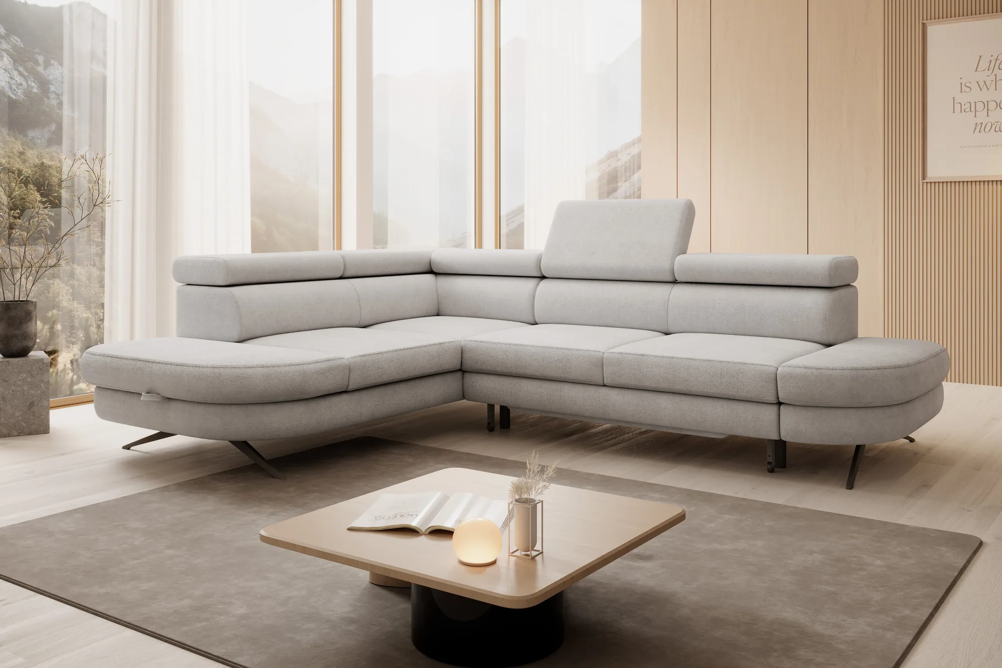 Divano letto angolare con contenitore OTIS L – vista laterale, ambientazione