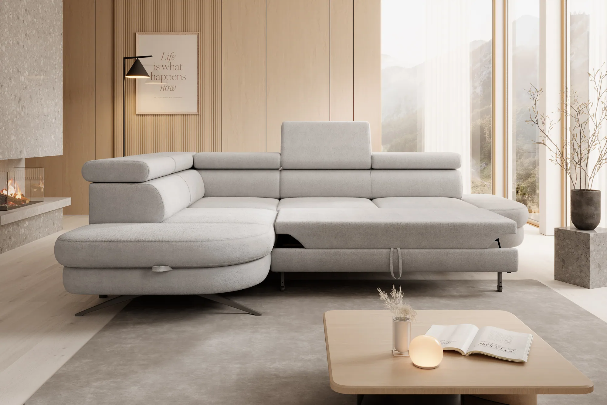 Divano letto angolare con contenitore OTIS L – funzione aperta, ambientazione