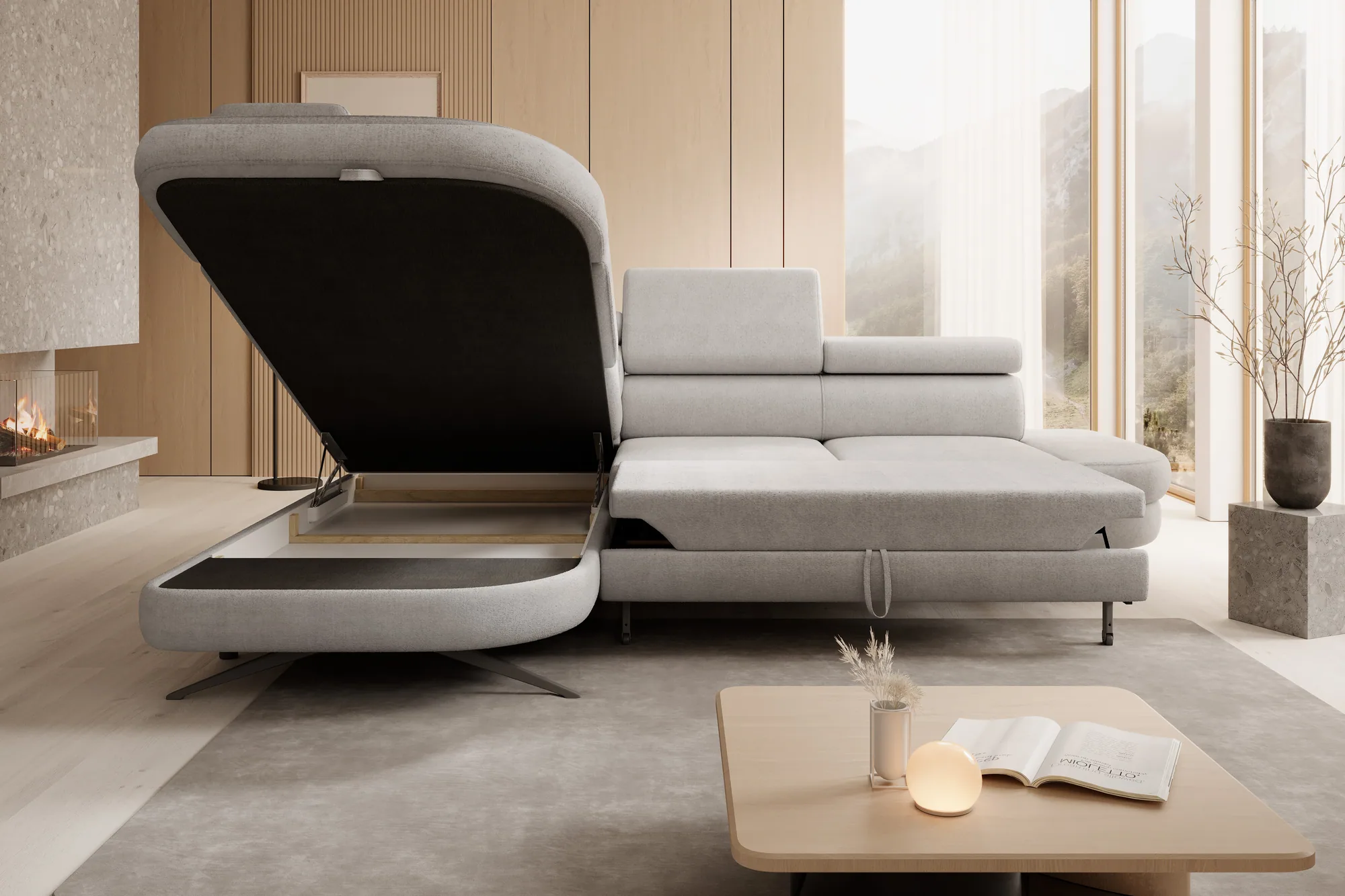 Divano letto angolare con contenitore OTIS L – funzione aperta, ambientazione