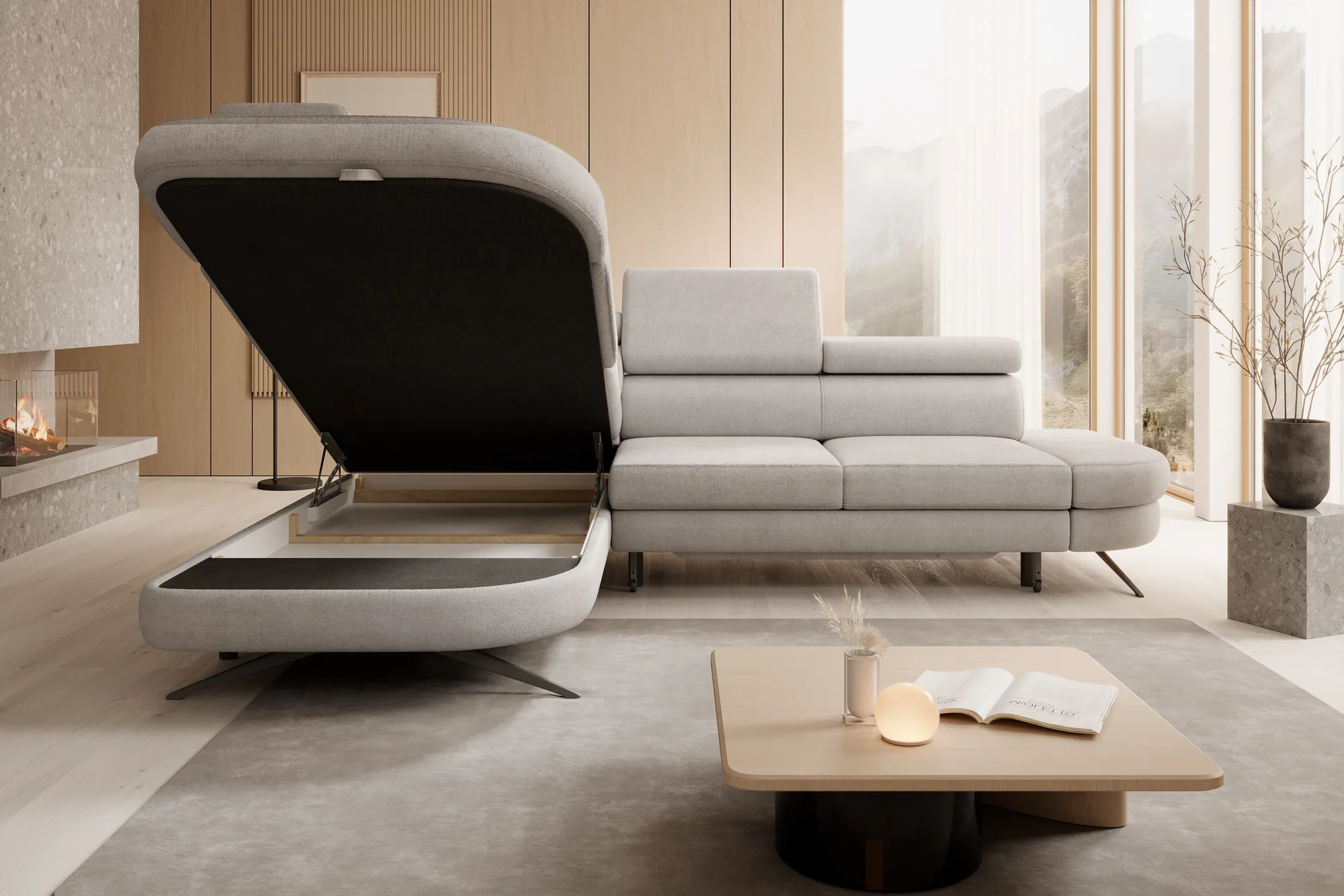 Divano letto angolare con contenitore OTIS L – funzione aperta, ambientazione
