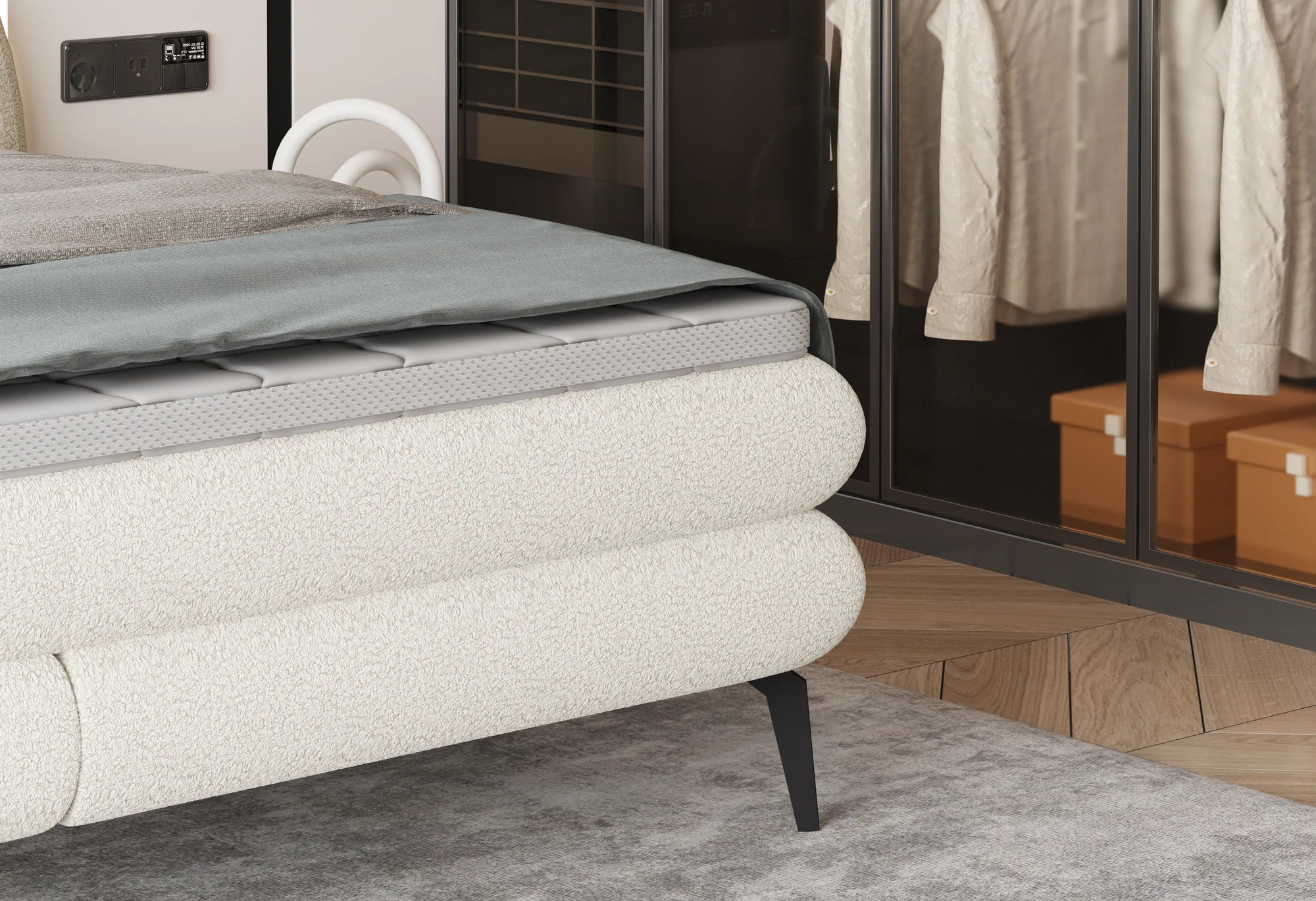 Boxspring-Doppelbett Ovo – Detail, im Raum