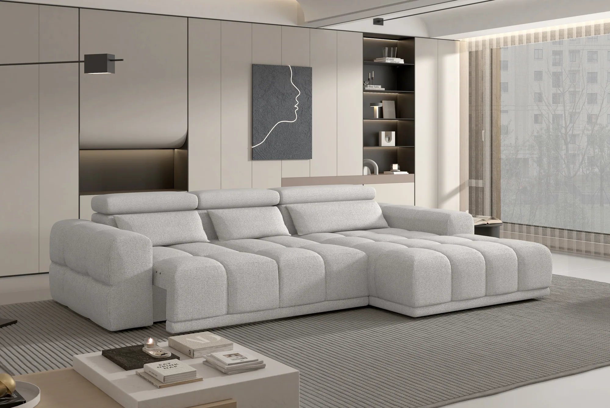 Relax-Ecksofa mit elektrischem Sitz Panama S – Funktion geöffnet, im Raum