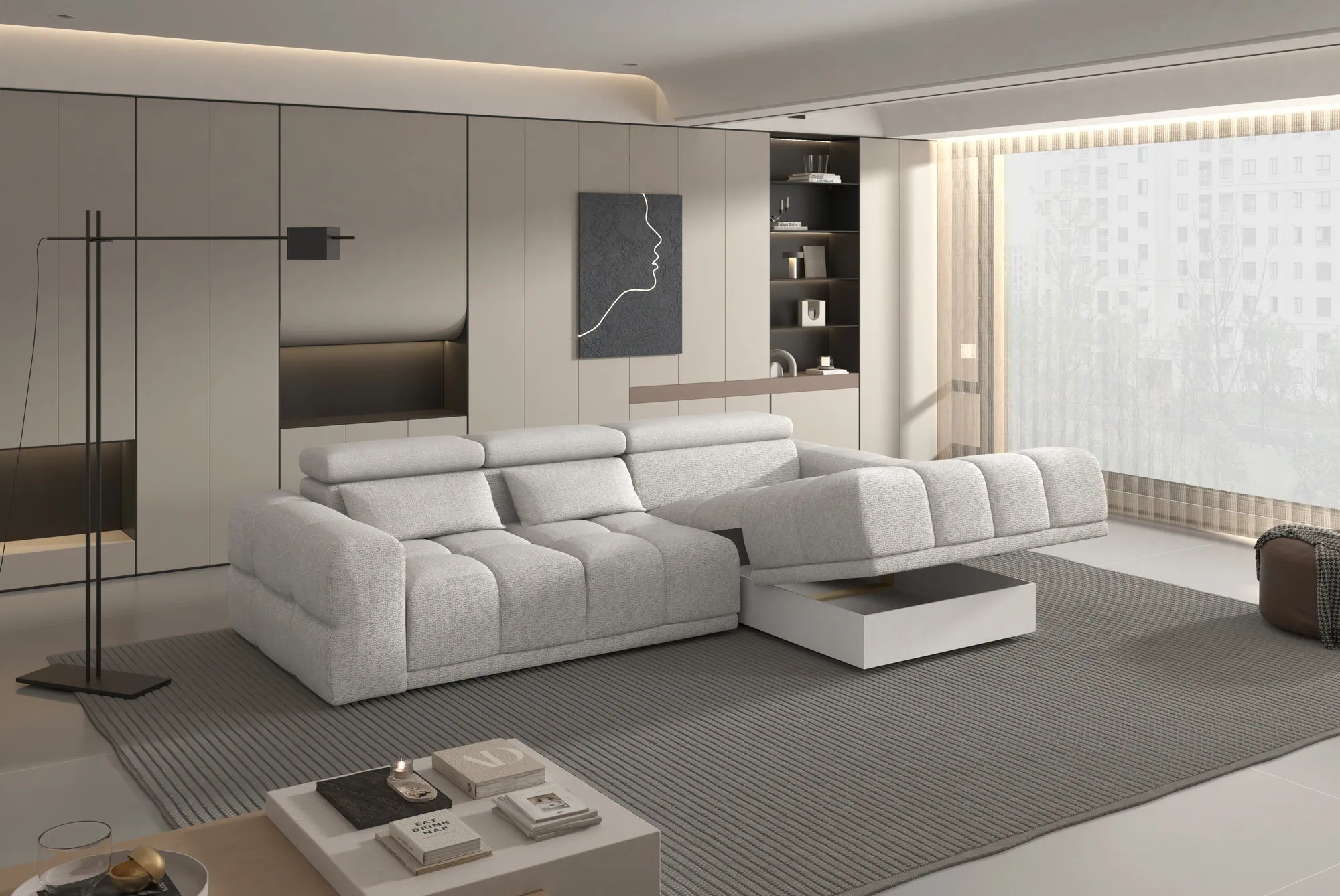 Relax-Ecksofa mit elektrischem Sitz Panama S – Bettkasten geöffnet, im Raum
