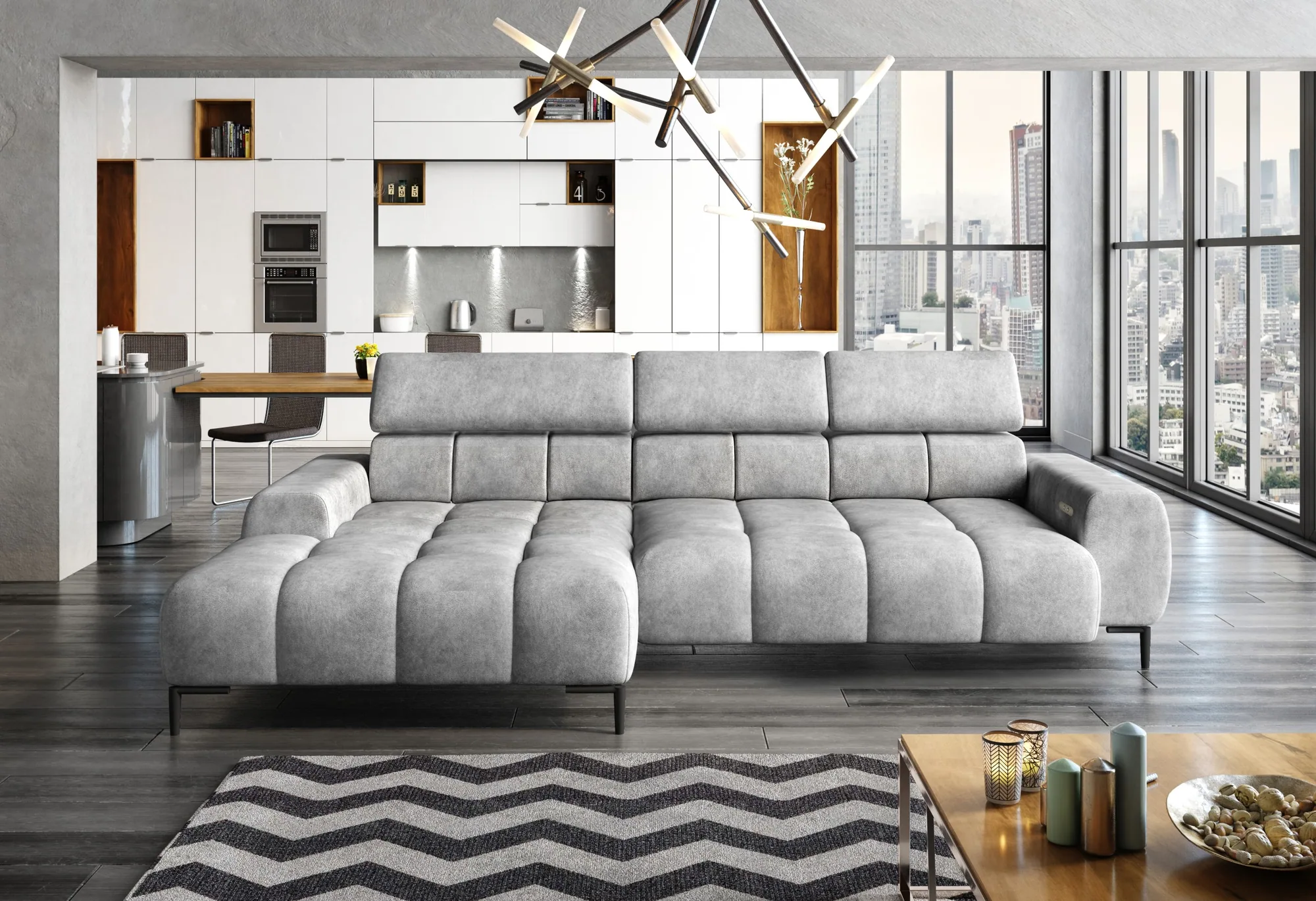 Relax-Ecksofa mit elektrischem Sitz PLAZA MINI – im Raum