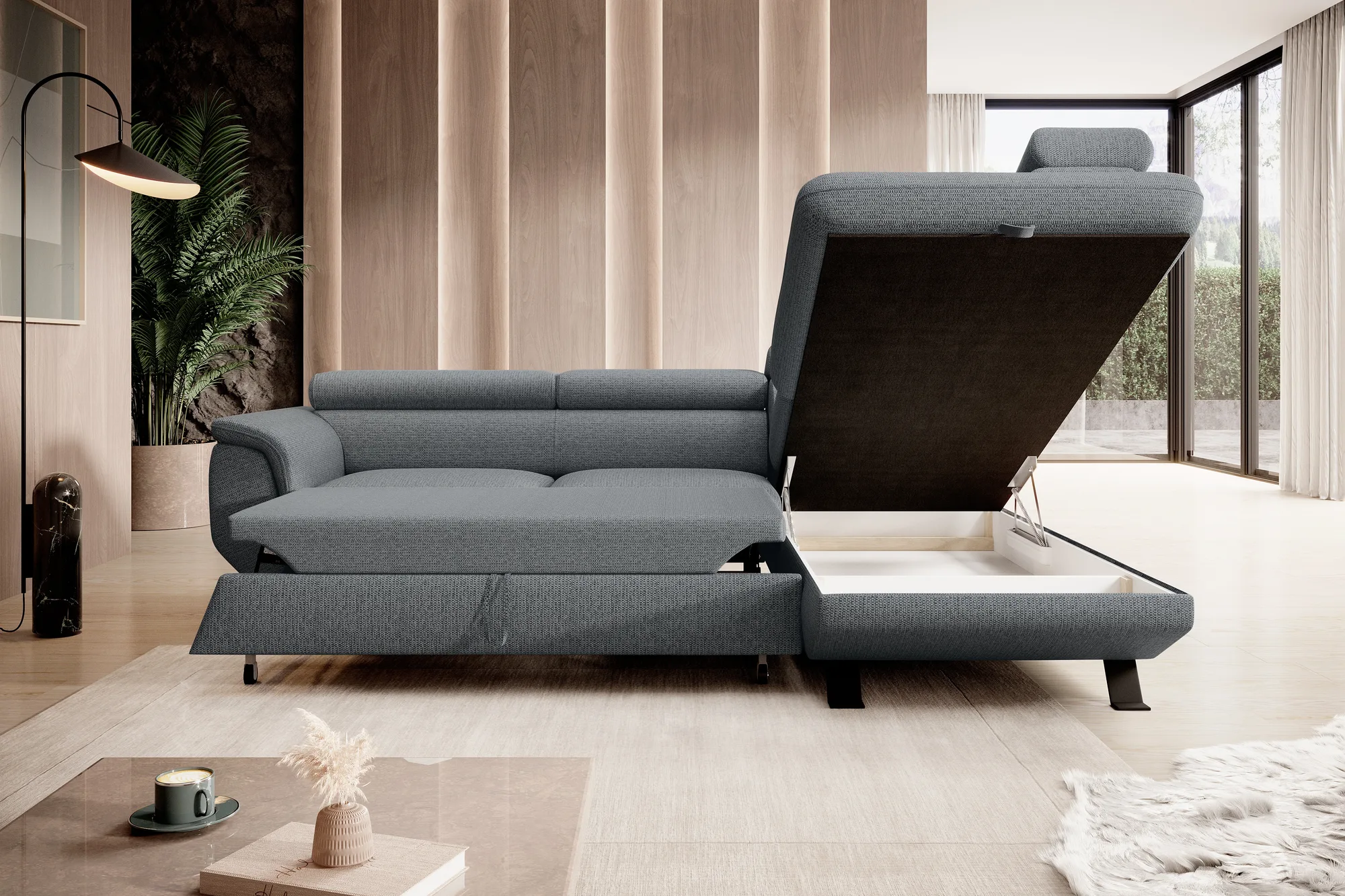Eckschlafsofa mit Bettkasten RAVEN – im Raum