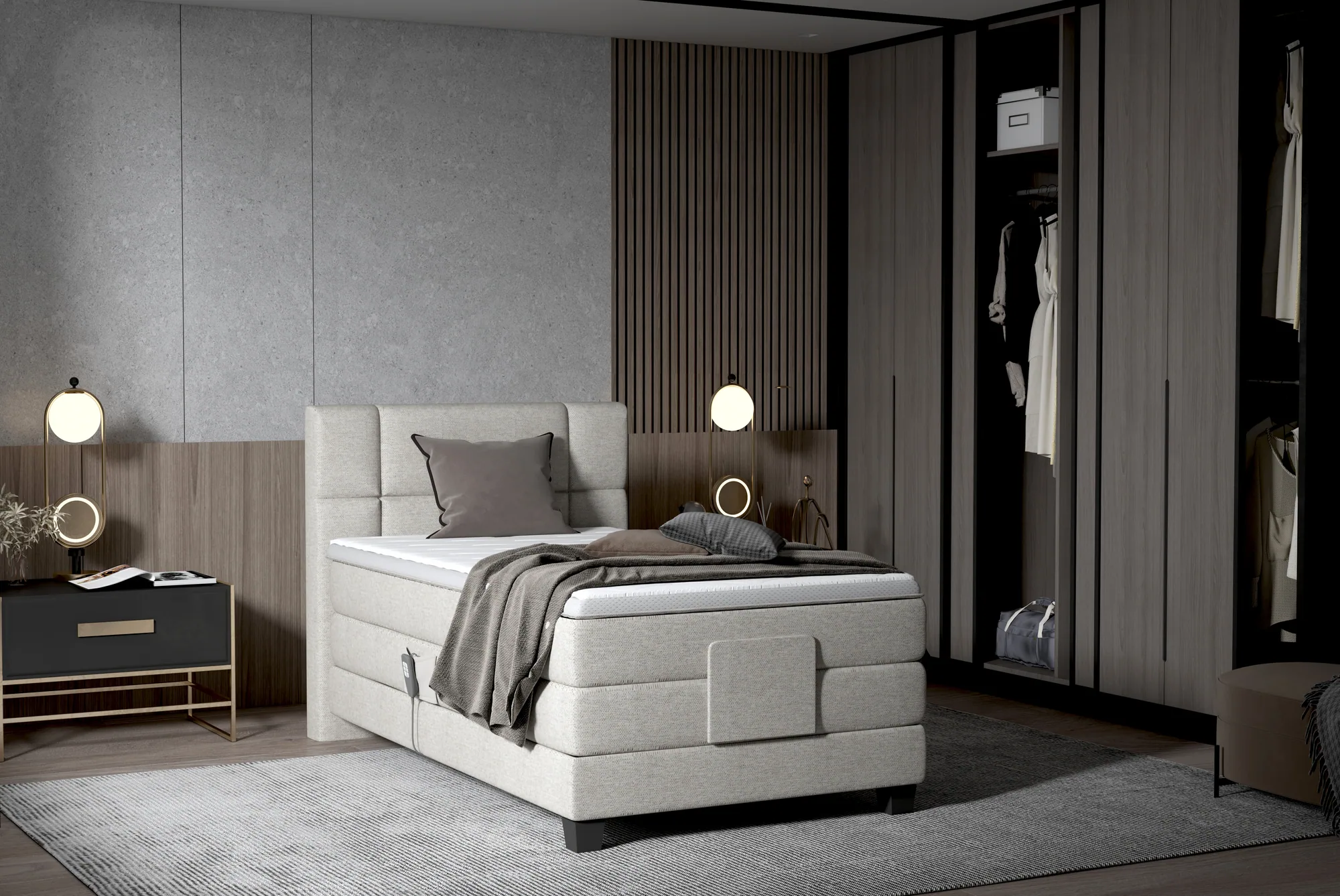 Elektrisches Boxspring-Einzelbett REY 100 – im Raum
