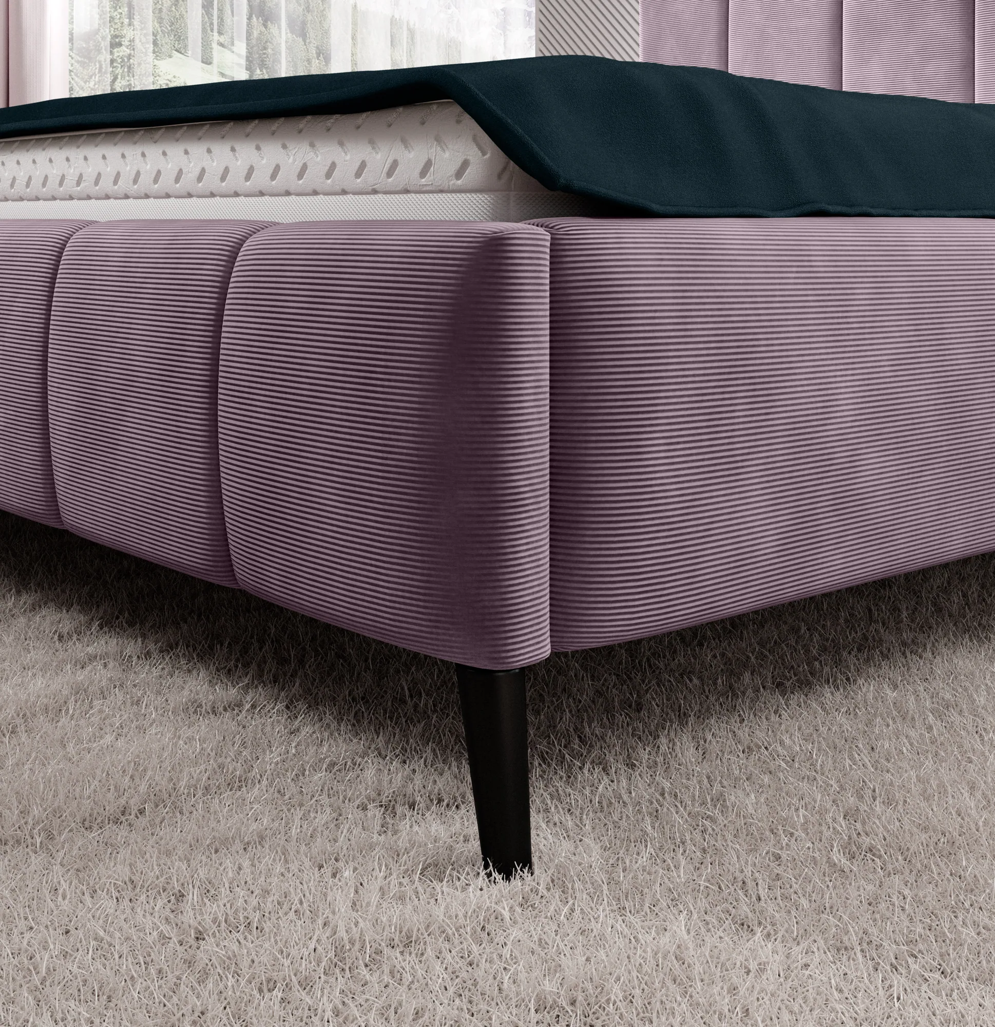 Polster-Doppelbett mit Bettkasten RIVA – Detail, im Raum