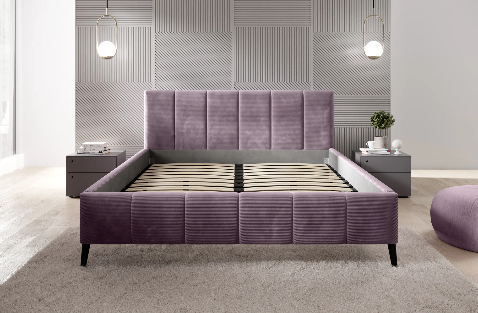 Polster-Doppelbett mit Bettkasten RIVA – Frontansicht, im Raum