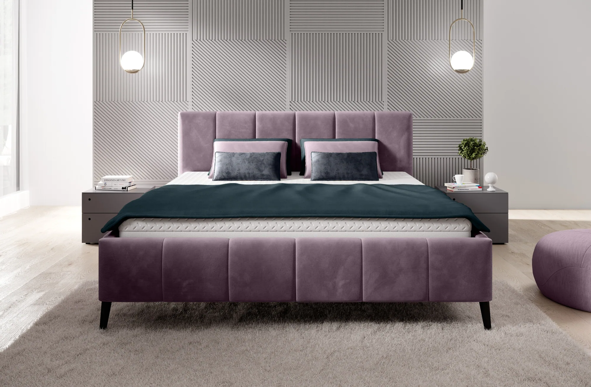 Polster-Doppelbett mit Bettkasten RIVA – Frontansicht, im Raum