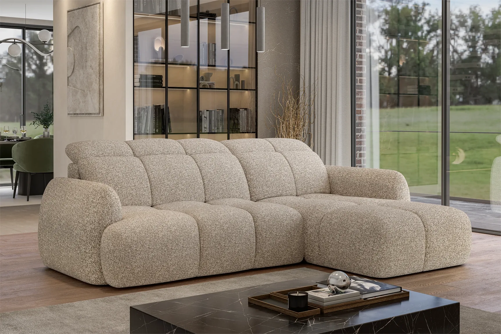 Ecksofa RUBIO mit extra ausziehbarem Sitz – im Raum