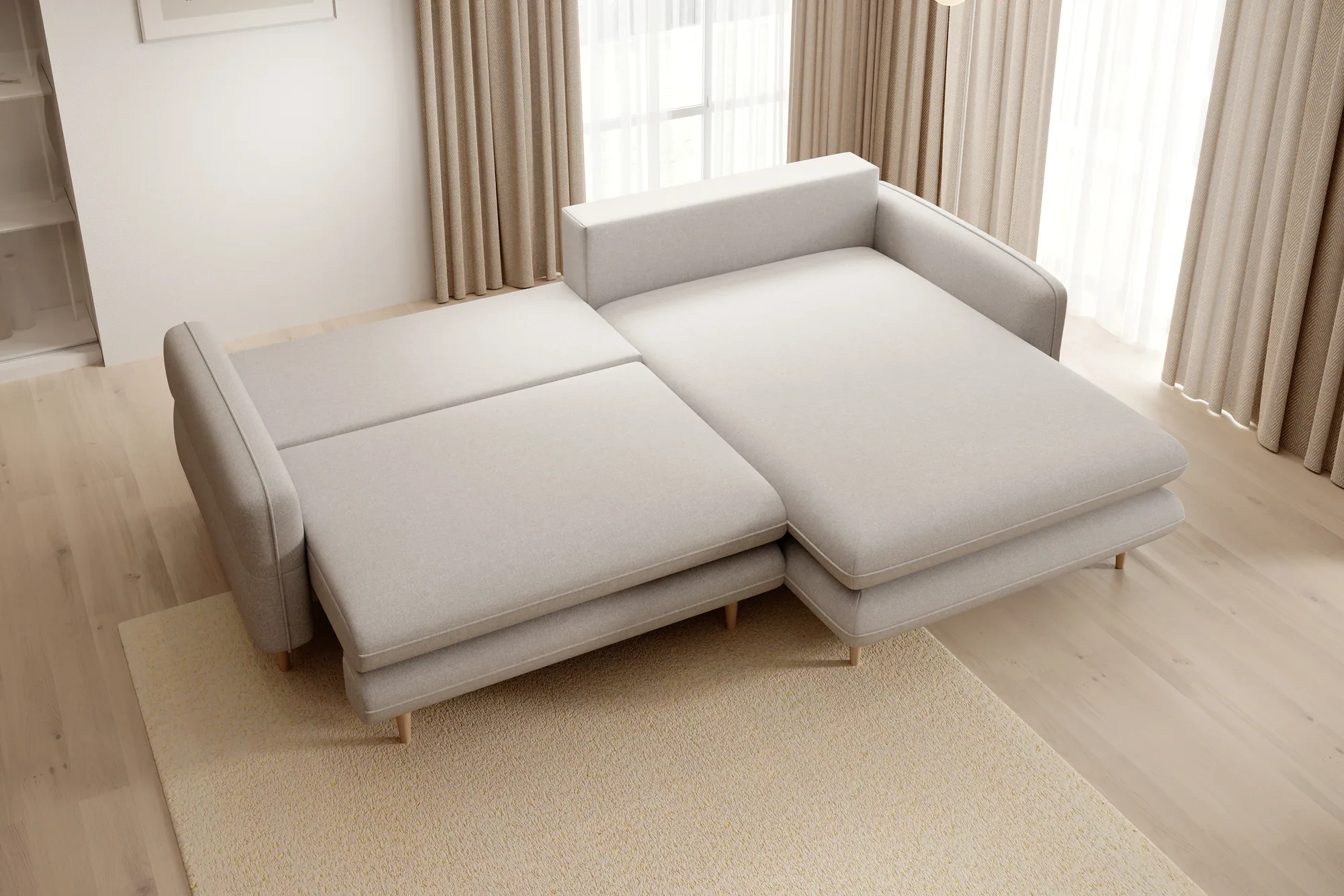 Eckschlafsofa mit Bettkasten SALLY – Funktion geöffnet, im Raum