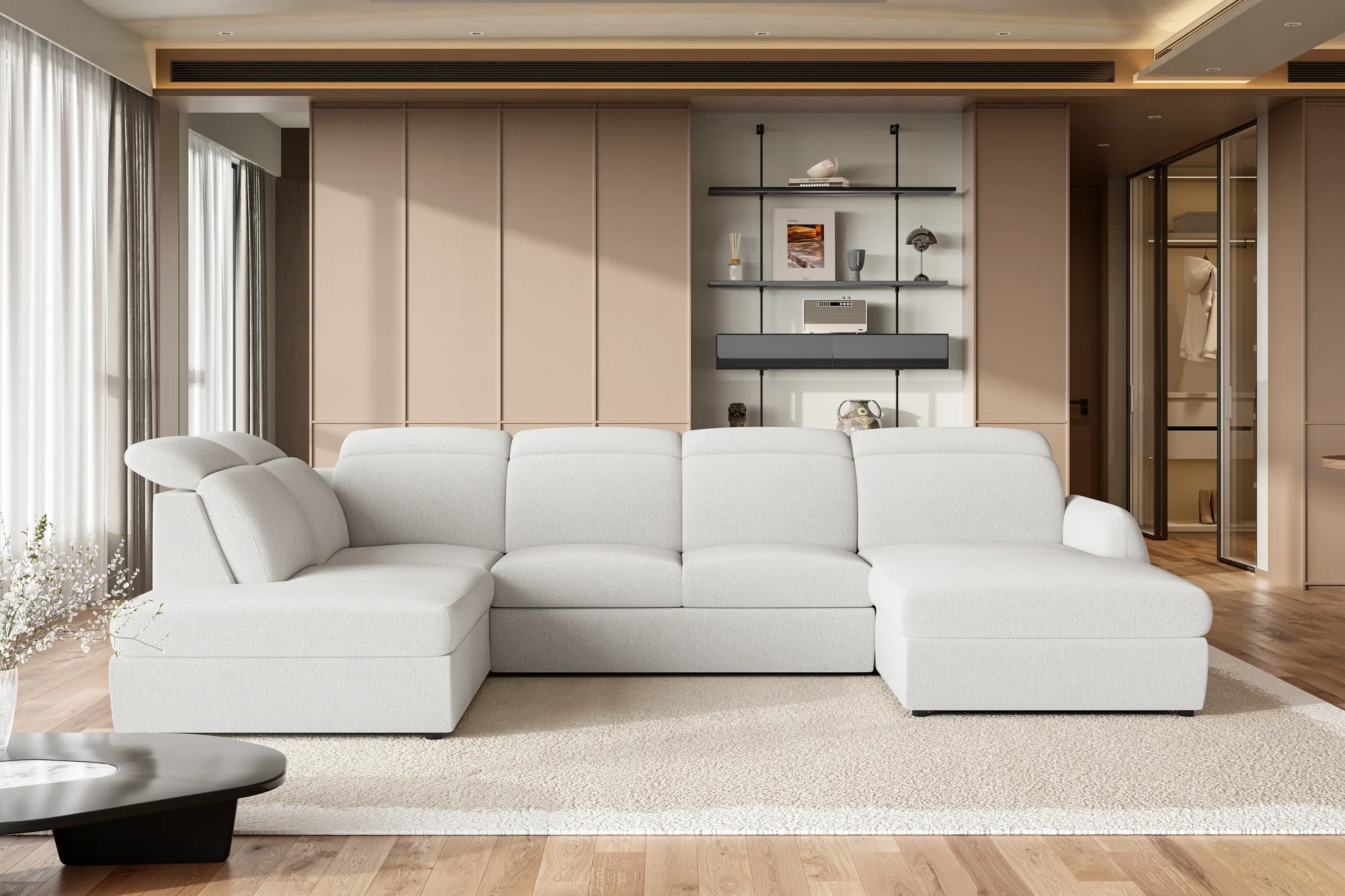 U-förmiges Eckschlafsofa mit Bettkasten SANCHO XL – im Raum
