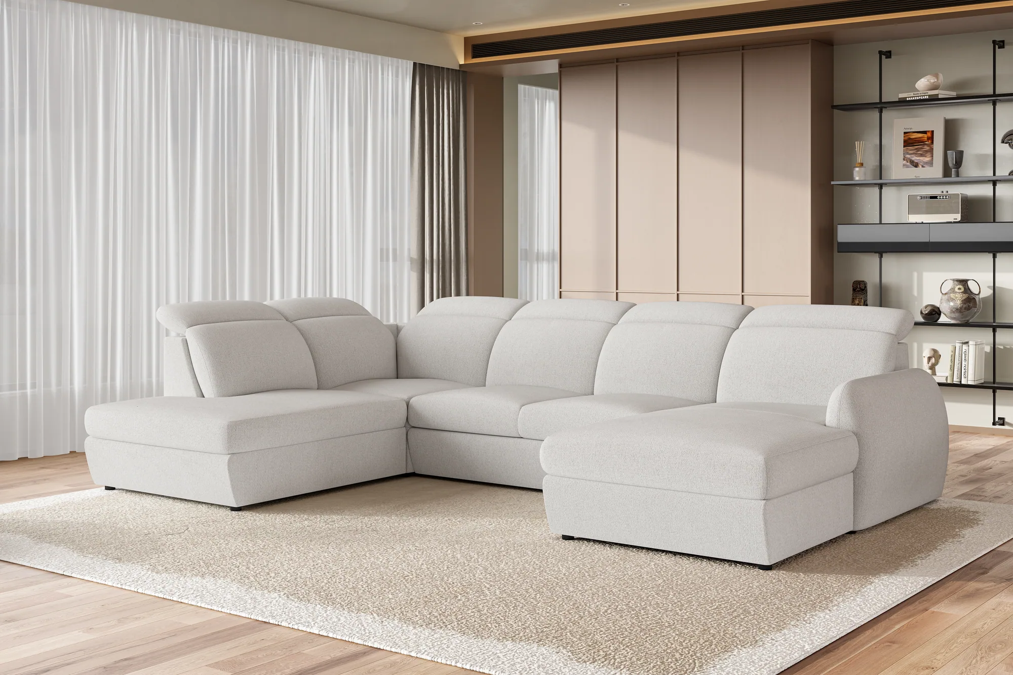 U-förmiges Eckschlafsofa mit Bettkasten SANCHO XL – im Raum, Schrägansicht