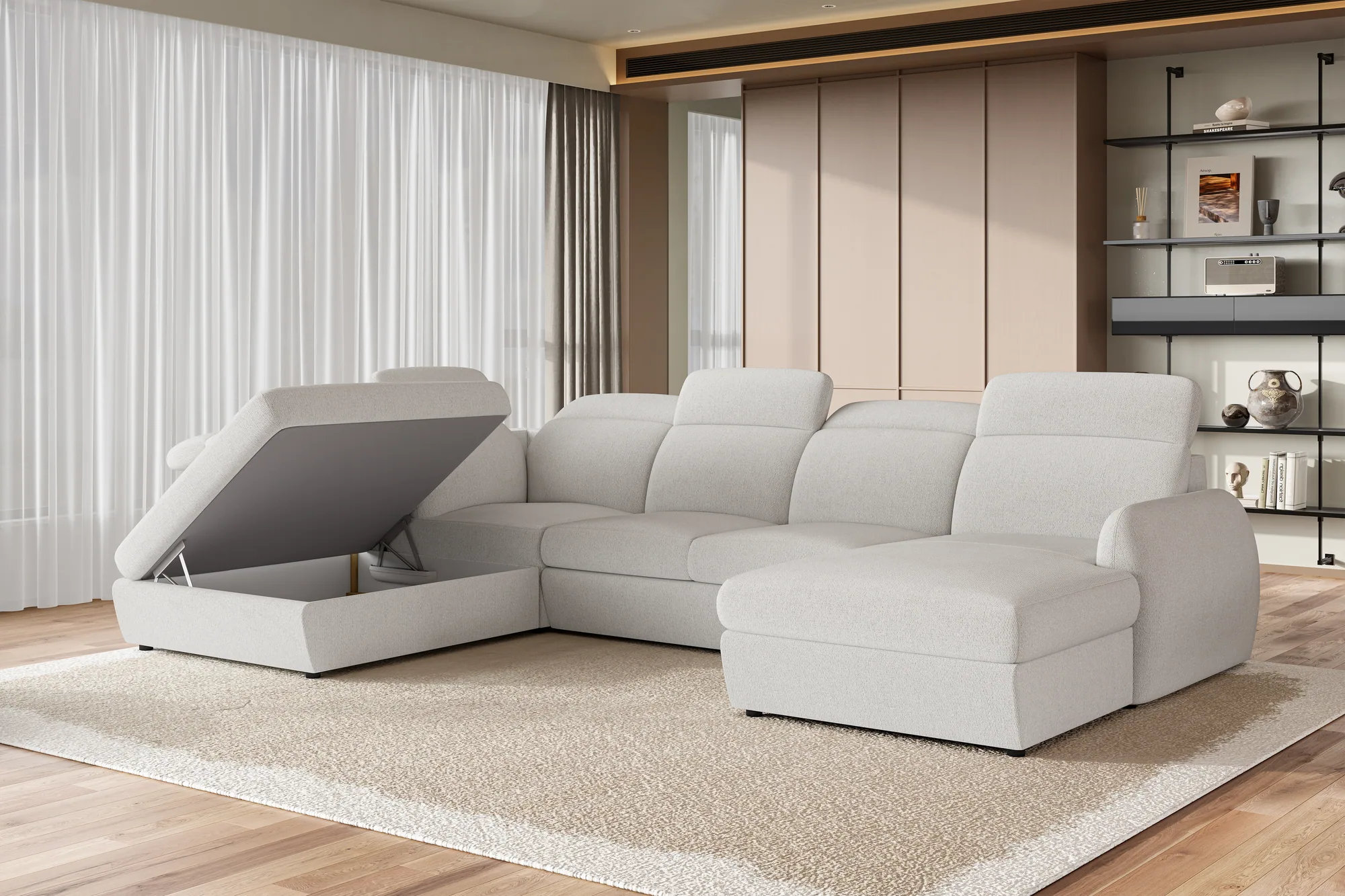 U-förmiges Eckschlafsofa mit Bettkasten SANCHO XL – im Raum, Bettkasten geöffnet