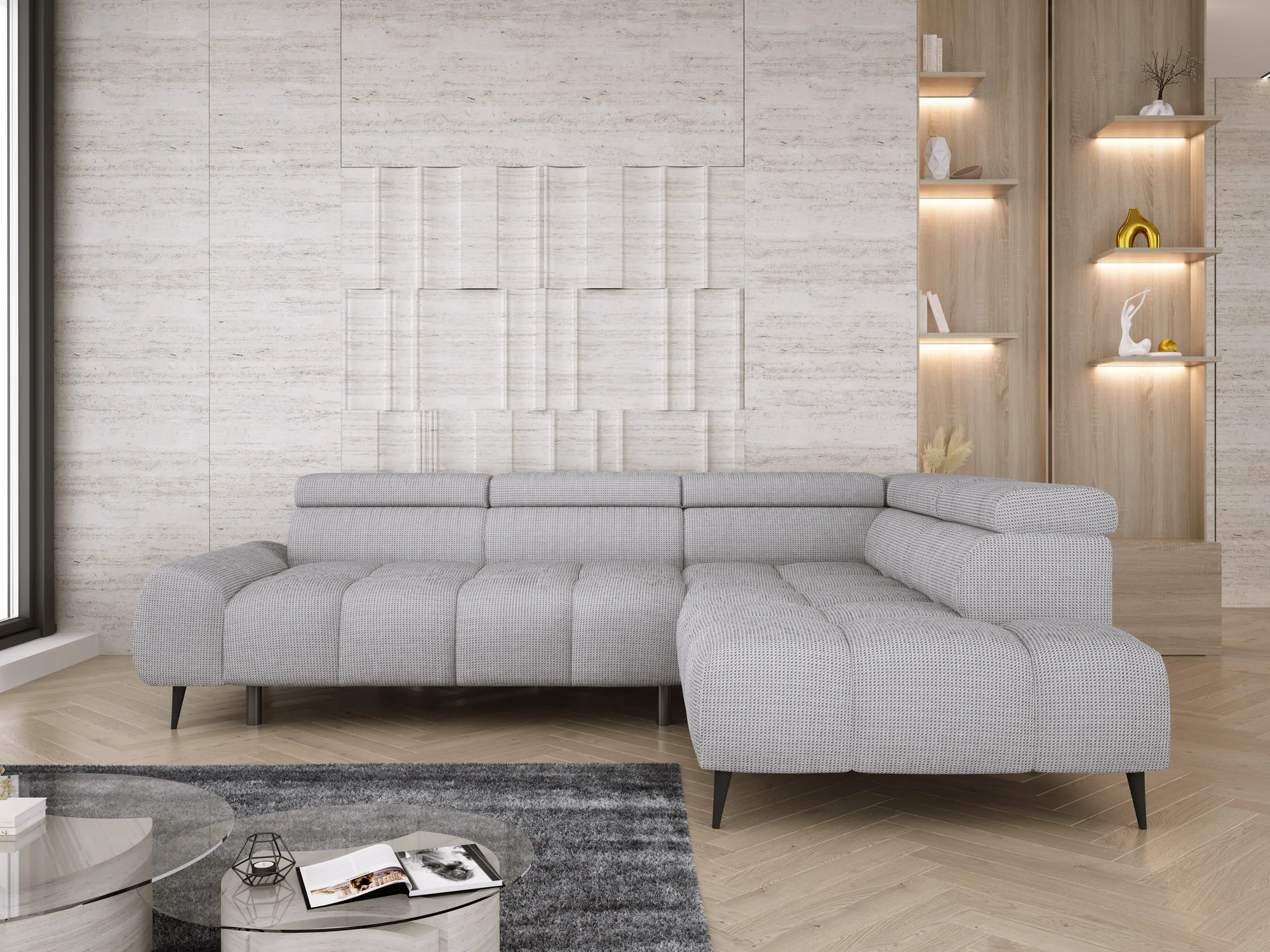Divano angolare relax con seduta elettrica SANTO L – vista frontale, ambientazione